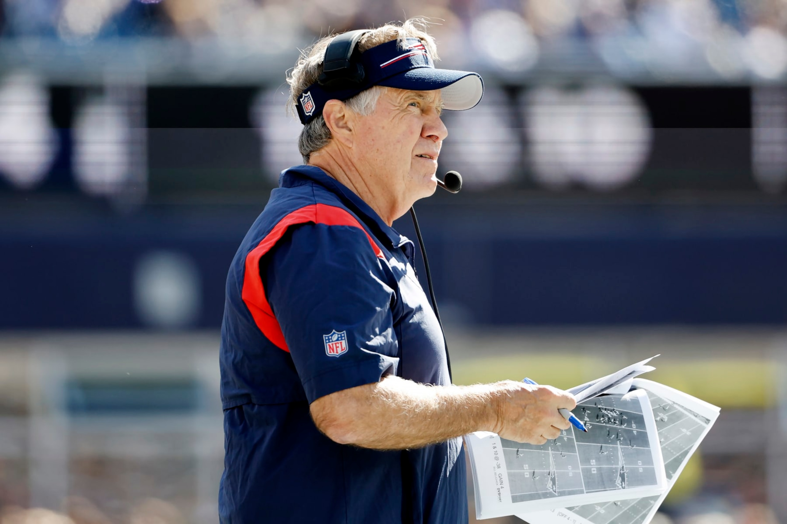 FOXBOROUGH, MASSACHUSETTS - OCTOBER 08: Head coach Bill Belichick of the New England Patriots looks on during the first quarter against the New Orleans Saints at Gillette Stadium on October 08, 2023 in Foxborough, Massachusetts. (Photo by Winslow Townson/Getty Images)