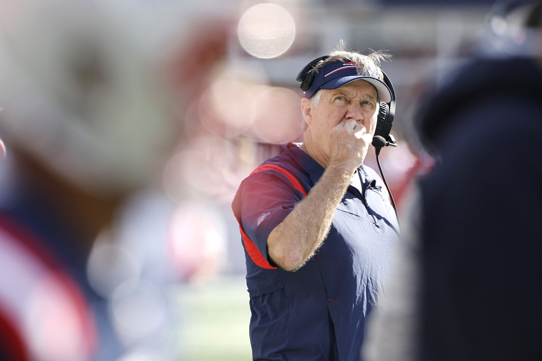 FOXBOROUGH, MASSACHUSETTS - OCTOBER 08: Head coach Bill Belichick of the New England Patriots looks on during the second quarter against the New Orleans Saints at Gillette Stadium on October 08, 2023 in Foxborough, Massachusetts. (Photo by Winslow Townson/Getty Images)