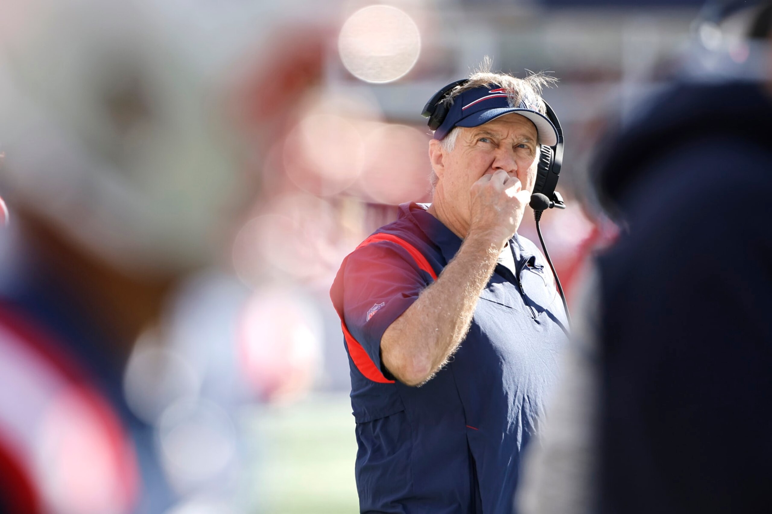 FOXBOROUGH, MASSACHUSETTS - OCTOBER 08: Head coach Bill Belichick of the New England Patriots looks on during the second quarter against the New Orleans Saints at Gillette Stadium on October 08, 2023 in Foxborough, Massachusetts. (Photo by Winslow Townson/Getty Images)