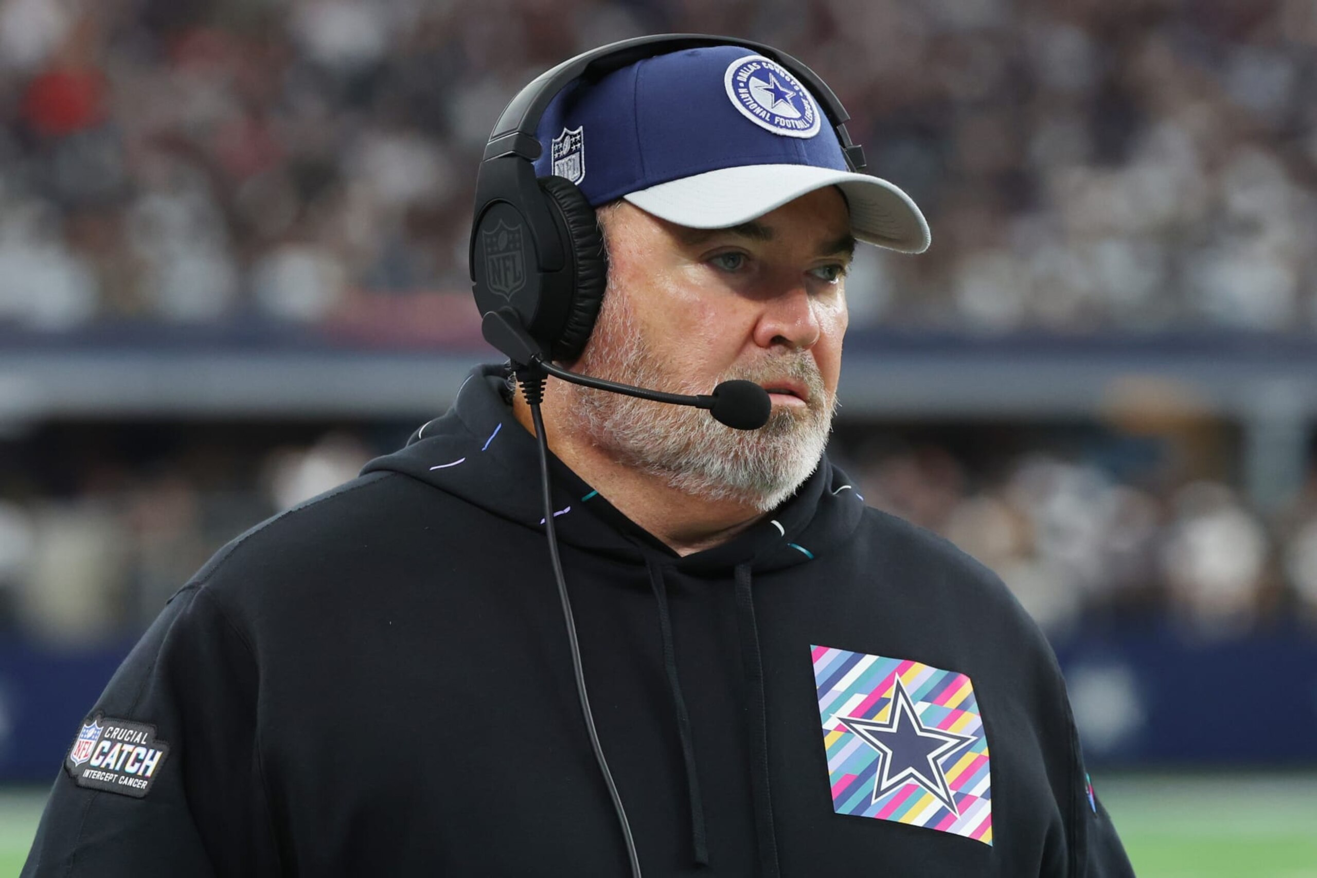 ARLINGTON, TEXAS - OCTOBER 01: Head coach Mike McCarthy of the Dallas Cowboys looks on during the first half against the New England Patriots at AT&T Stadium on October 01, 2023 in Arlington, Texas. (Photo by Richard Rodriguez/Getty Images)
