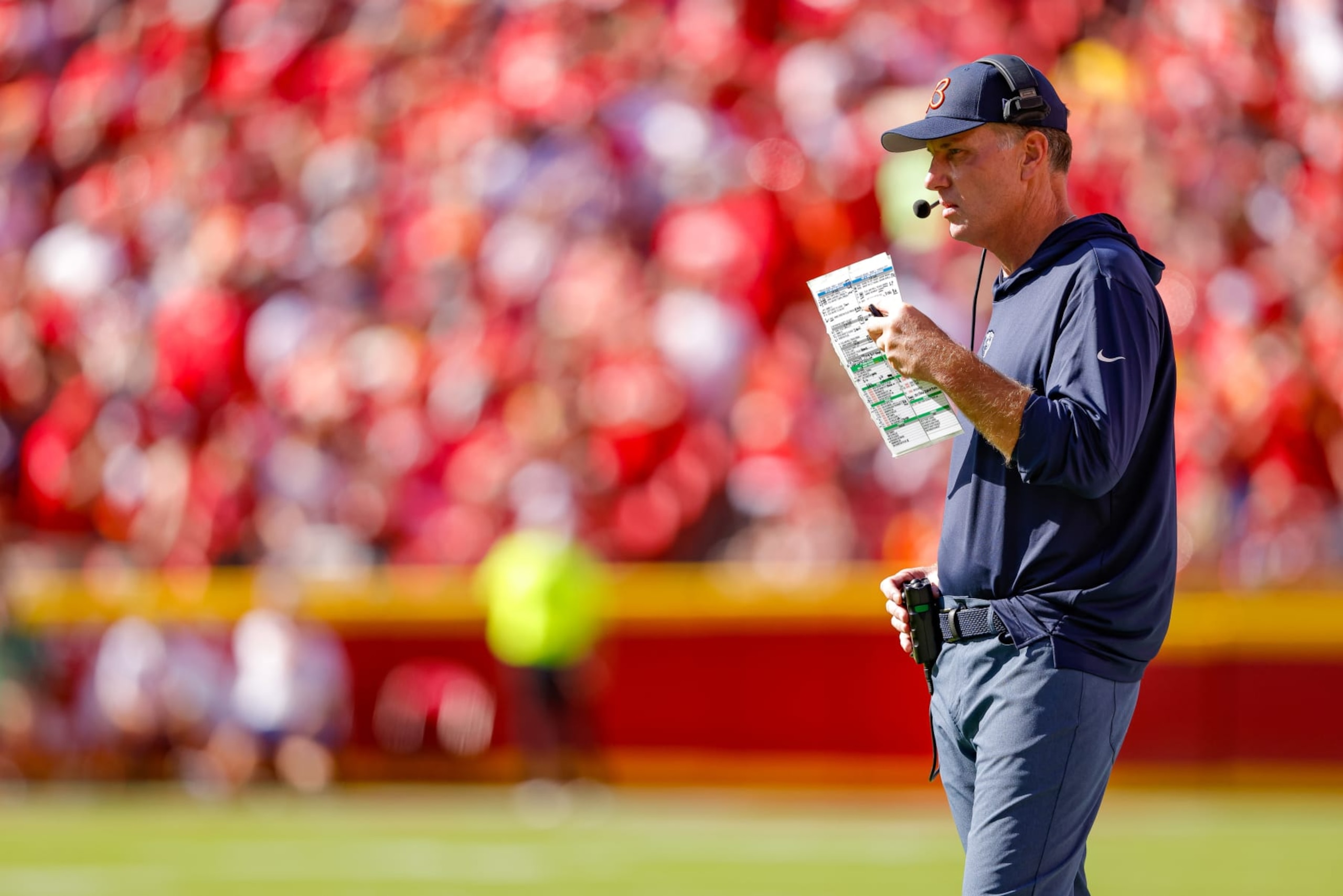 KANSAS CITY, MISSOURI - SEPTEMBER 24: Matt Eberflus, head coach of the Chicago Bears, watches game action during the first quarter against the Kansas City Chiefs at GEHA Field at Arrowhead Stadium on September 24, 2023 in Kansas City, Missouri. (Photo by David Eulitt/Getty Images)