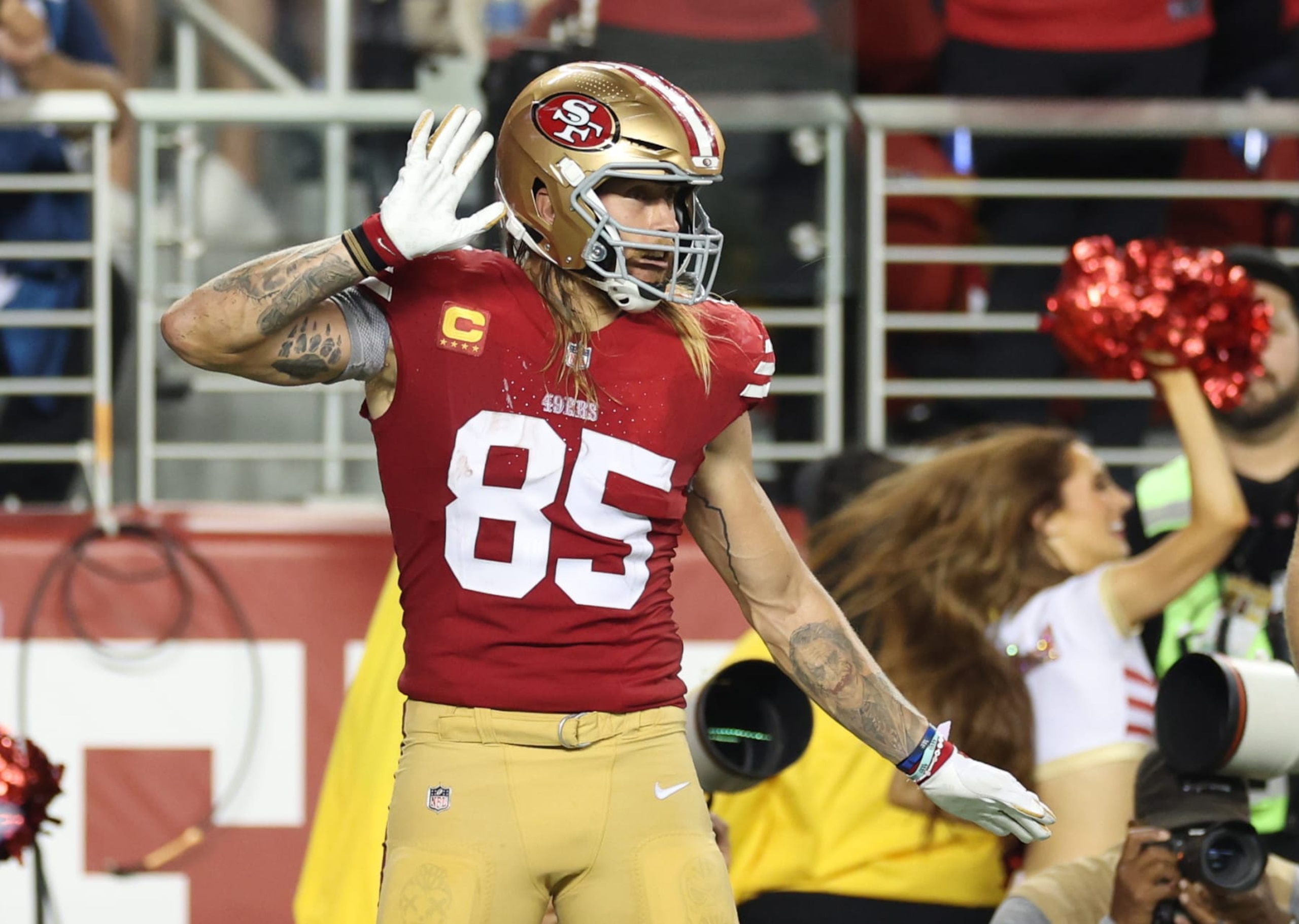 SANTA CLARA, CALIFORNIA - OCTOBER 08: George Kittle #85 of the San Francisco 49ers celebrates after a touchdown catch by Kyle Juszczyk #44 during the fourth quarter against the Dallas Cowboys at Levi's Stadium on October 08, 2023 in Santa Clara, California. (Photo by Ezra Shaw/Getty Images) SANTA CLARA, CALIFORNIA - OCTOBER 08: George Kittle #85 of the San Francisco 49ers celebrates after a touchdown catch by Kyle Juszczyk #44 during the fourth quarter against the Dallas Cowboys at Levi's Stadium on October 08, 2023 in Santa Clara, California. (Photo by Ezra Shaw/Getty Images)