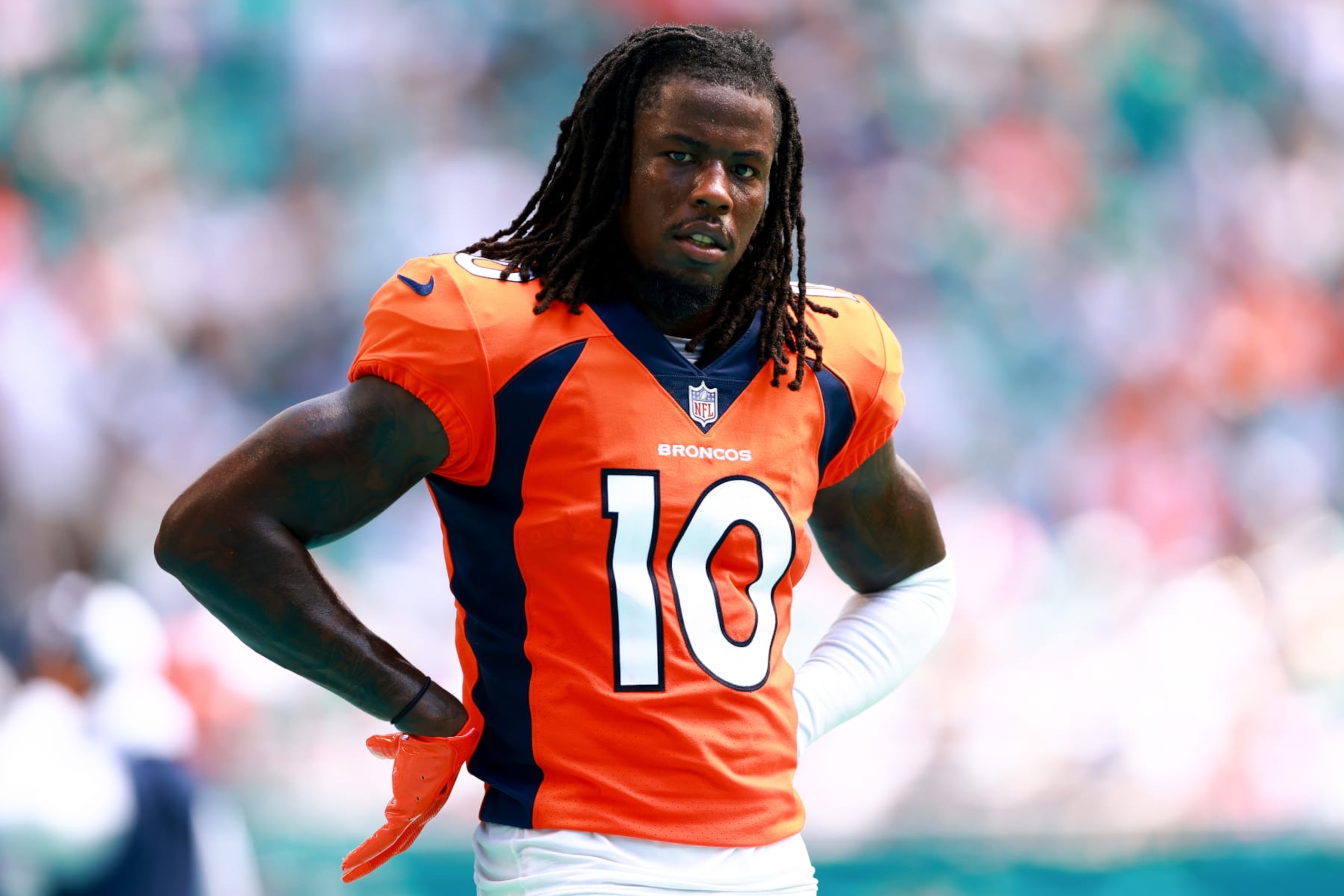 MIAMI GARDENS, FLORIDA - SEPTEMBER 24: Jerry Jeudy #10 of the Denver Broncos looks on during the first half of the game against the Miami Dolphins at Hard Rock Stadium on September 24, 2023 in Miami Gardens, Florida. (Photo by Megan Briggs/Getty Images)