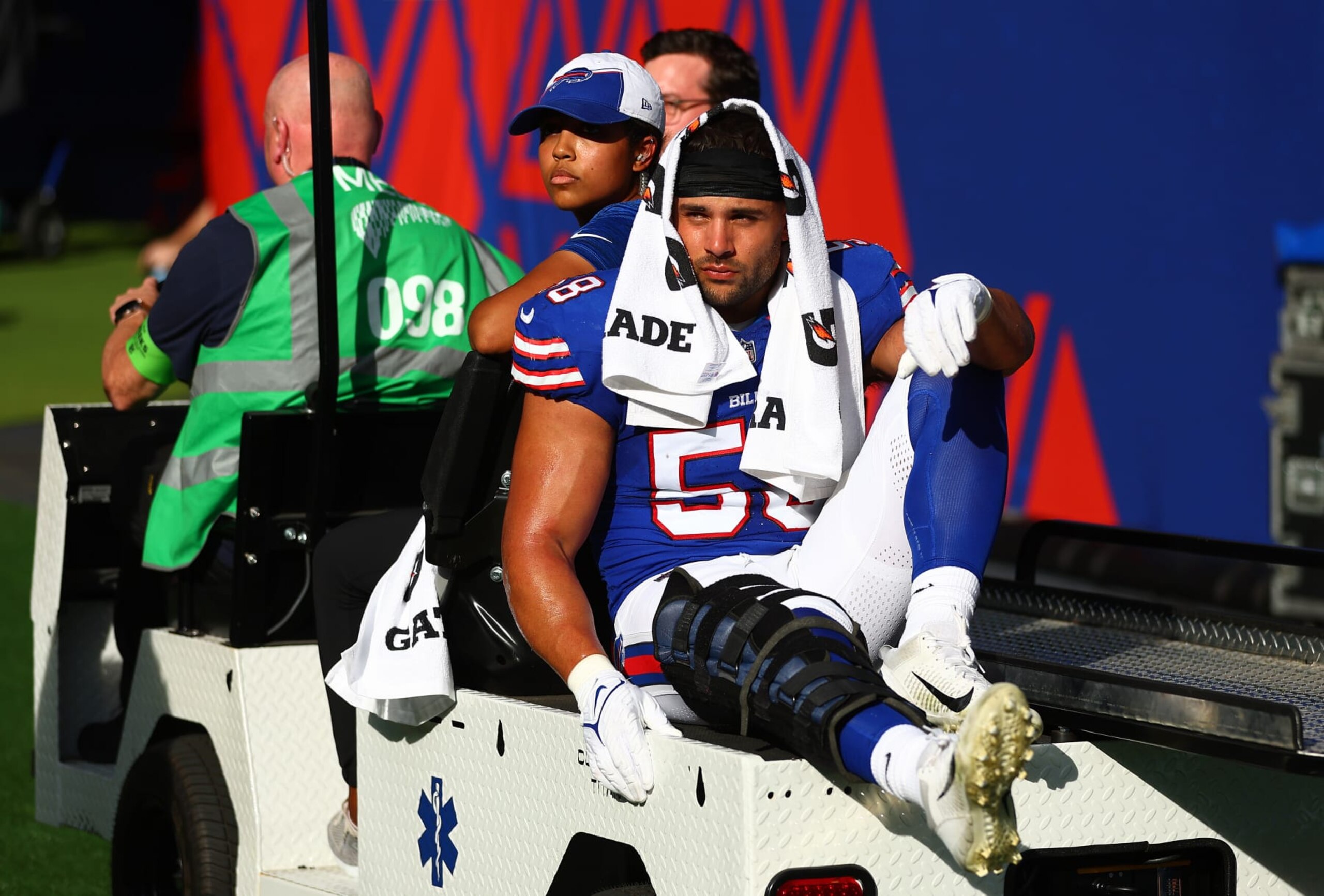 LONDON, ENGLAND - OCTOBER 08: Matt Milano #58 of the Buffalo Bills leaves the pitch after suffering an injury in the first Quarter during the NFL Match between Jacksonville Jaguars and Buffalo Bills at Tottenham Hotspur Stadium on October 08, 2023 in London, England. (Photo by Peter Nicholls/Getty Images)