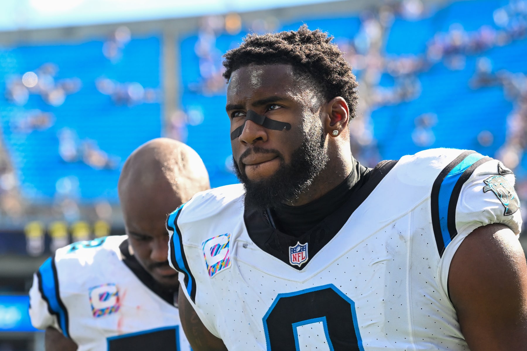 CHARLOTTE, NORTH CAROLINA - OCTOBER 01: Brian Burns #0 of the Carolina Panthers leaves the field after a game against the Minnesota Vikings at Bank of America Stadium on October 01, 2023 in Charlotte, North Carolina. (Photo by Grant Halverson/Getty Images)