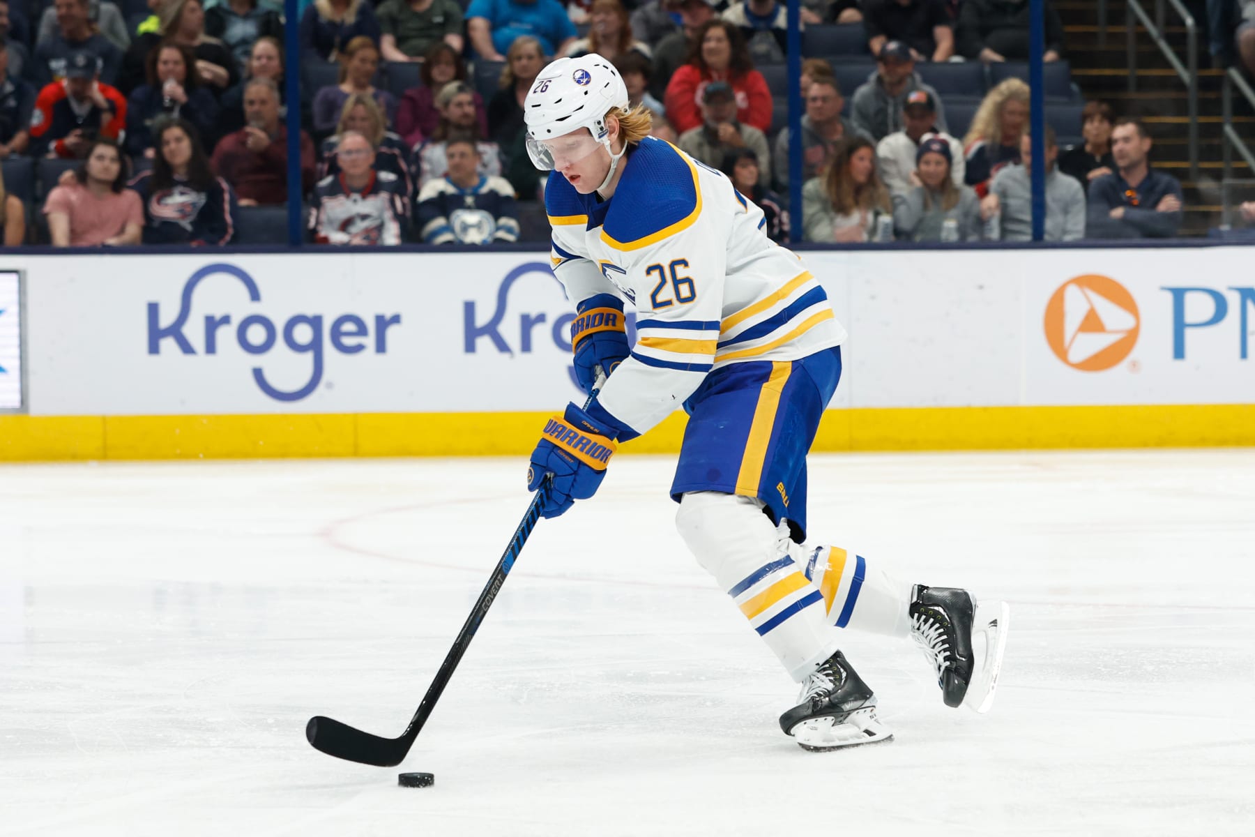 COLUMBUS, OH - APRIL 14: Buffalo Sabres defenseman Rasmus Dahlin (26) with the puck during the first period in a game against the Columbus Blue Jackets on April 14, 2023, at Nationwide Arena in Columbus, Ohio. (Photo by Graham Stokes/Icon Sportswire via Getty Images)
