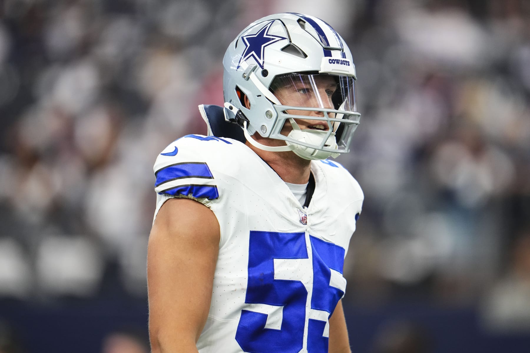 ARLINGTON, TX - OCTOBER 01: Leighton Vander Esch #55 of the Dallas Cowboys warms up at AT&T Stadium on October 1, 2023 in Arlington, Texas. (Photo by Cooper Neill/Getty Images)