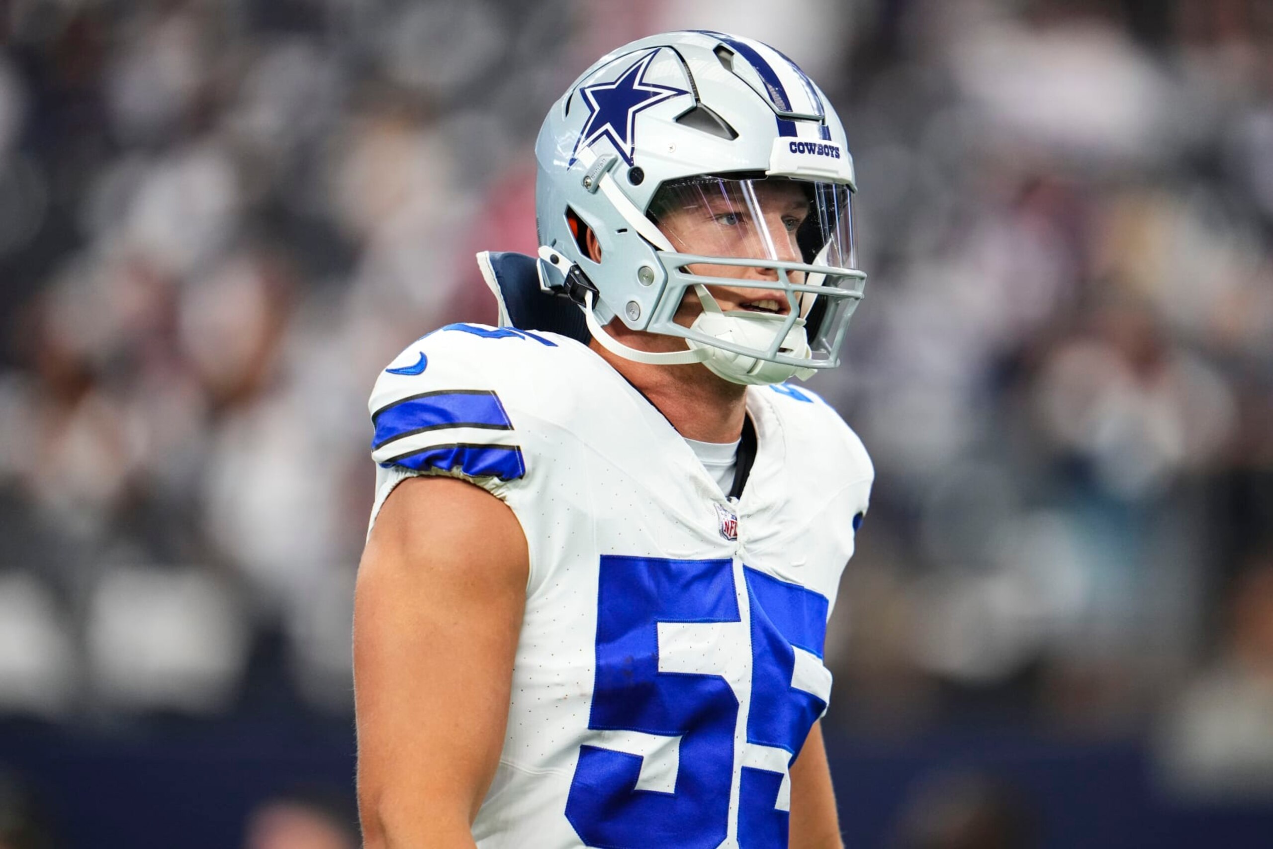 ARLINGTON, TX - OCTOBER 01: Leighton Vander Esch #55 of the Dallas Cowboys warms up at AT&T Stadium on October 1, 2023 in Arlington, Texas. (Photo by Cooper Neill/Getty Images)