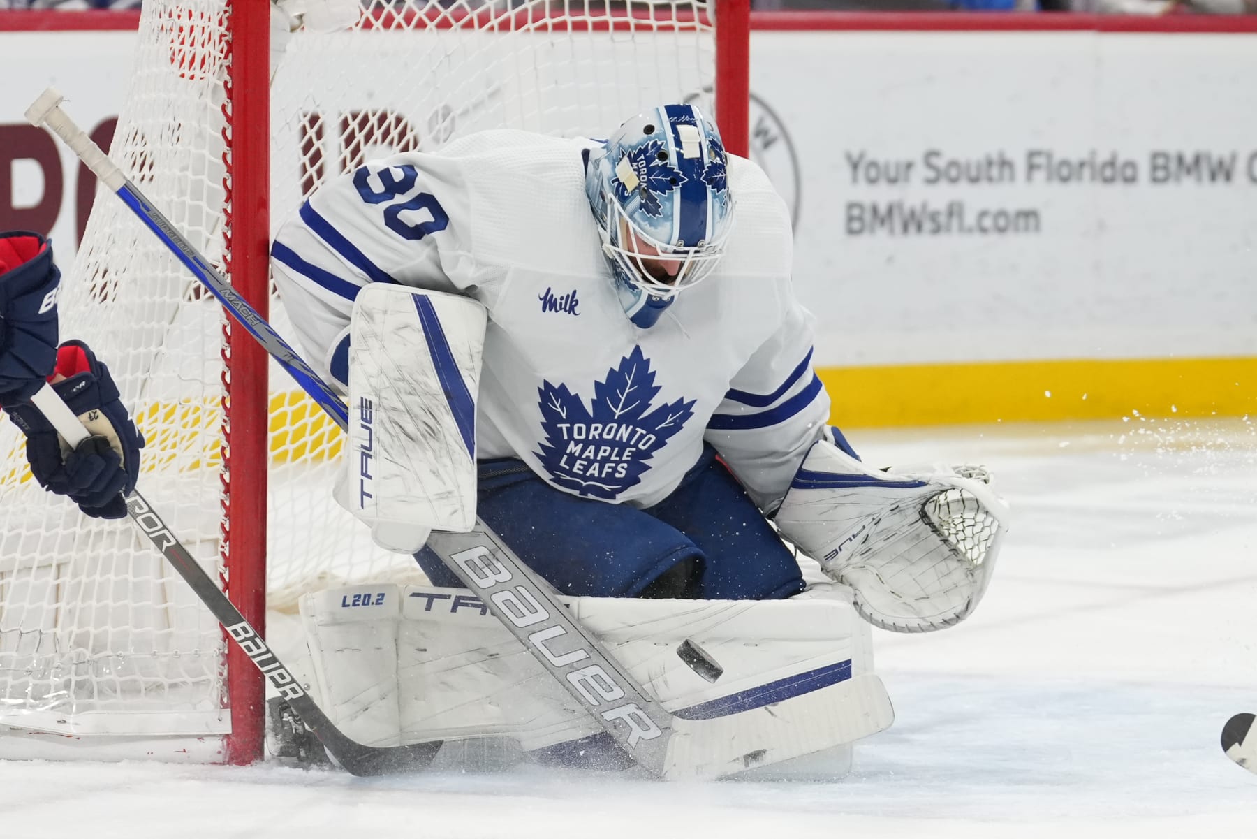 SUNRISE, FL - MARCH 23: Toronto Maple Leafs goaltender Matt Murray (30) makes a sad vein the second period during the game between the Toronto Maple Leafs and the Florida Panthers on Thursday, March 23, 2023 at FLA Live Arena in Sunrise, Fla. (Photo by Peter Joneleit/Icon Sportswire via Getty Images)