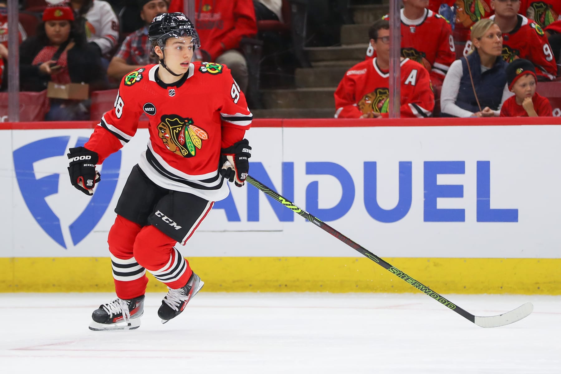 CHICAGO, IL - OCTOBER 05: Chicago Blackhawks center Connor Bedard (98) skates in action during a game between the Minnesota Wild and the Chicago Blackhawks on October 5, 2023 at the United Center in Chicago, IL. (Photo by Melissa Tamez/Icon Sportswire via Getty Images)