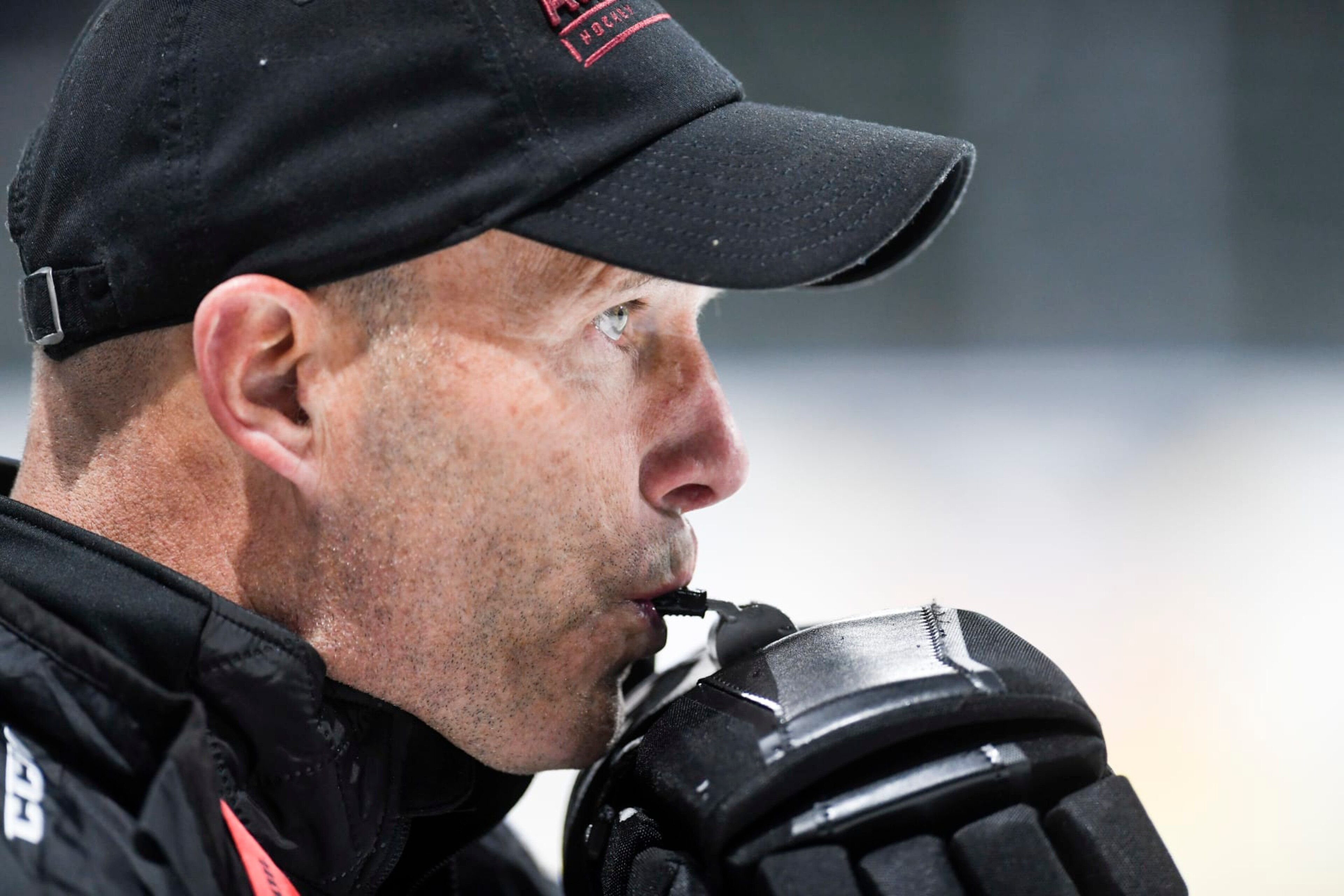 LOVELAND, CO - FEBRUARY 6: Colorado Eagles head coach Greg Cronin blows his whistle during practice on Wednesday, February 6, 2019. (Photo by AAron Ontiveroz/MediaNews Group/The Denver Post via Getty Images)