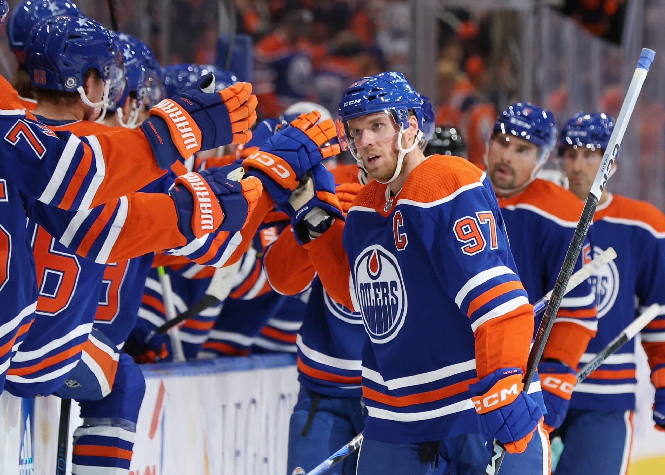 EDMONTON, CANADA - OCTOBER 6: Connor McDavid #97 of the Edmonton Oilers celebrates a goal in the first period against the Seattle Kraken on October 6, 2023 at Rogers Place in Edmonton, Alberta, Canada. (Photo by Lawrence Scott/Getty Images)