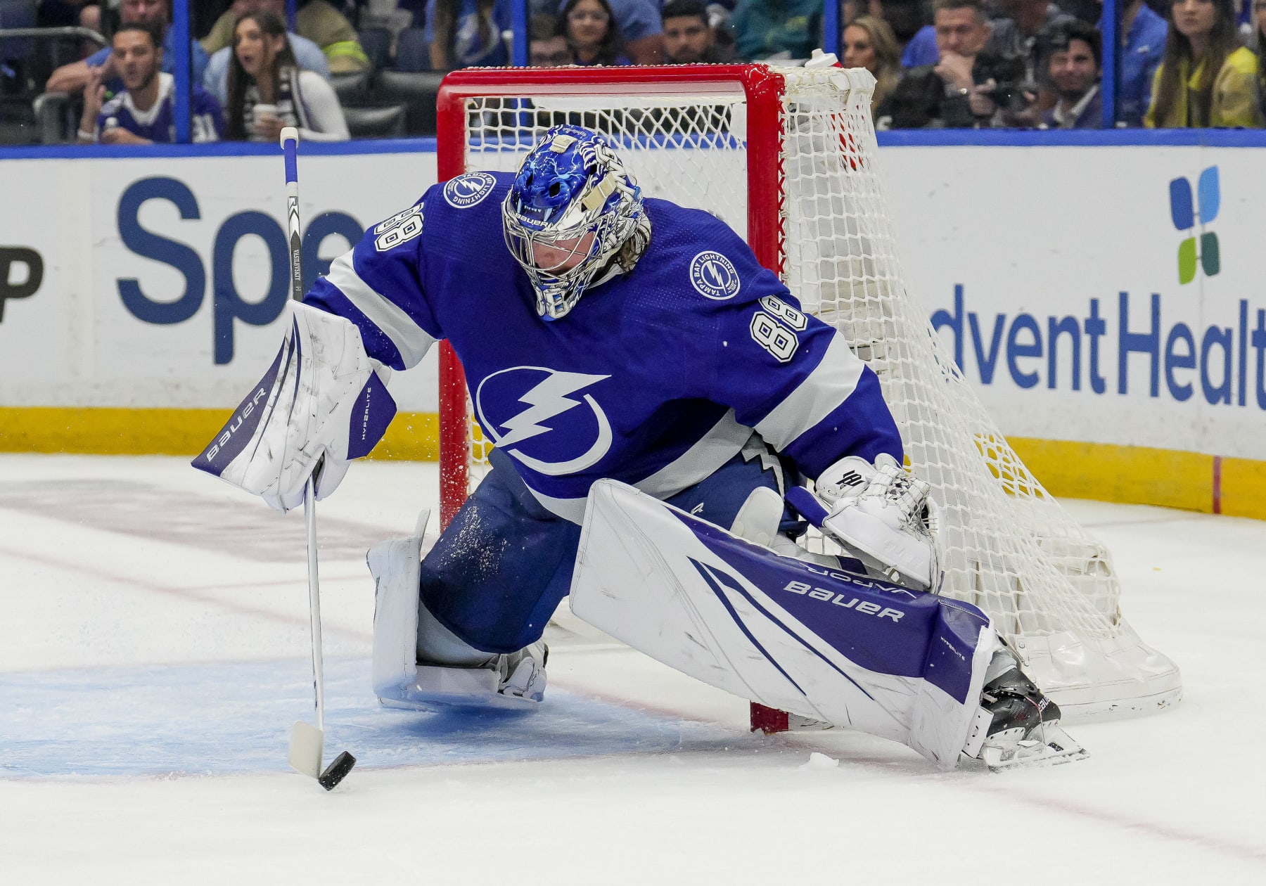 TAMPA, FL - APRIL 29: Tampa Bay Lightning goaltender Andrei Vasilevskiy (88) makes a save during Game Six of the First Round of the 2023 Stanley Cup Playoffs between the Tampa Bay Lightning and Toronto Maple Leafs on April 29th 2023 at Amalie Arena in Tampa, FL. (Photo by Andrew Bershaw/Icon Sportswire via Getty Images)