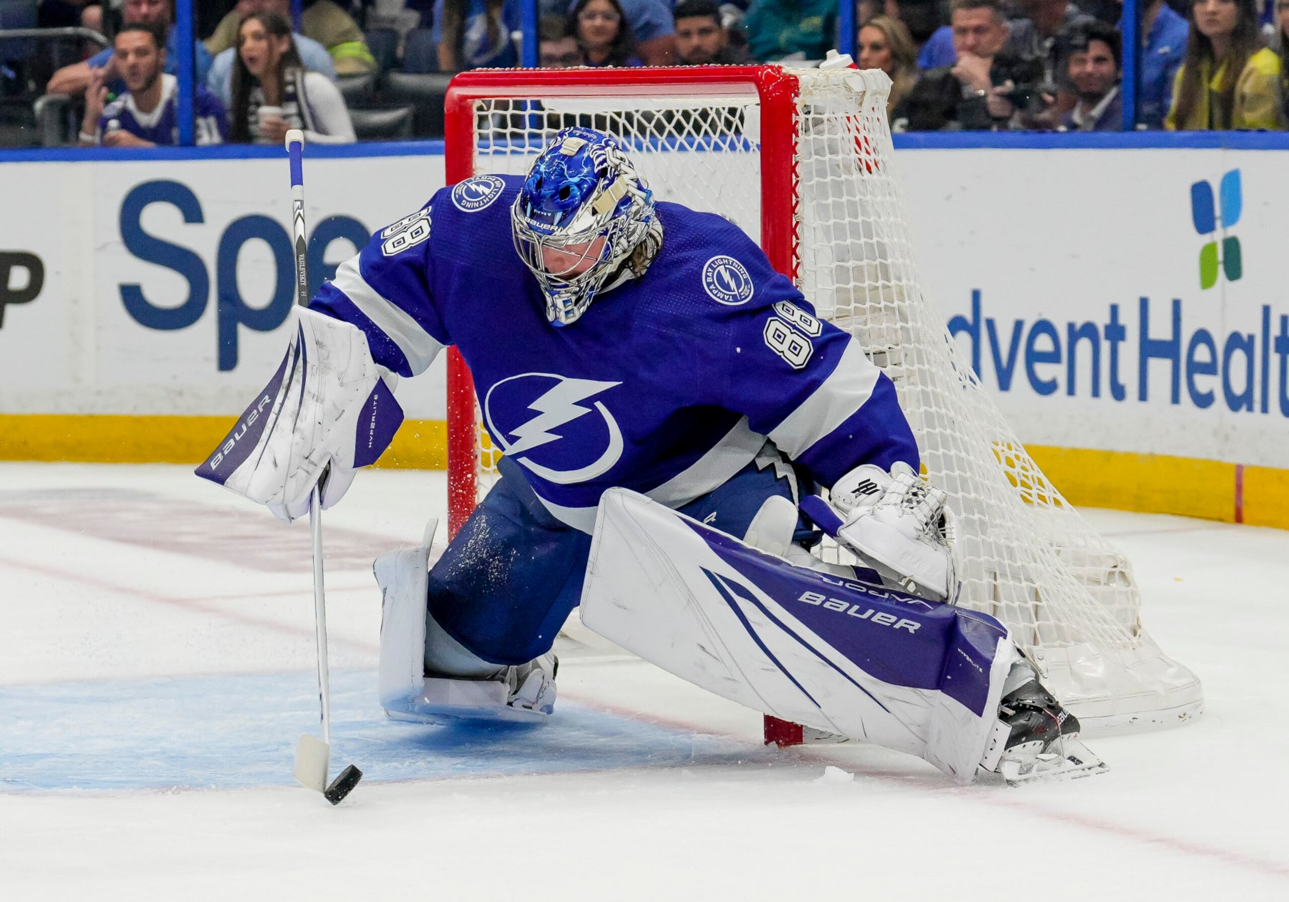 TAMPA, FL - APRIL 29: Tampa Bay Lightning goaltender Andrei Vasilevskiy (88) makes a save during Game Six of the First Round of the 2023 Stanley Cup Playoffs between the Tampa Bay Lightning and Toronto Maple Leafs on April 29th 2023 at Amalie Arena in Tampa, FL. (Photo by Andrew Bershaw/Icon Sportswire via Getty Images) TAMPA, FL - APRIL 29: Tampa Bay Lightning goaltender Andrei Vasilevskiy (88) makes a save during Game Six of the First Round of the 2023 Stanley Cup Playoffs between the Tampa Bay Lightning and Toronto Maple Leafs on April 29th 2023 at Amalie Arena in Tampa, FL. (Photo by Andrew Bershaw/Icon Sportswire via Getty Images)