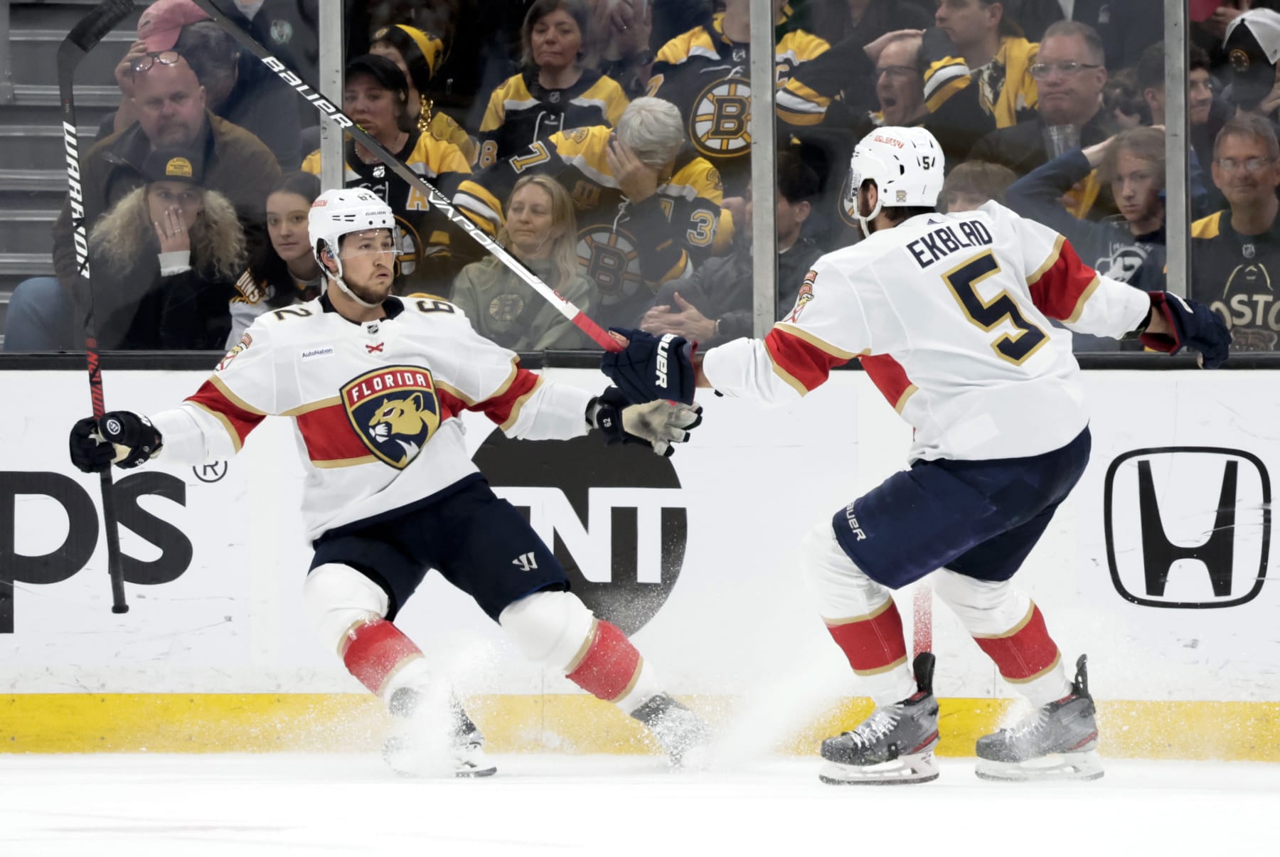BOSTON, MA - APRIL 30: Florida Panthers defenseman Brandon Montour (62) reacts to his goal with Florida Panthers defenseman Aaron Ekblad (5) during Game 7 of an Eastern Conference First Round playoff contest between the Boston Bruins and the Florida Panthers on April 30, 2023, at TD Garden in Boston, Massachusetts.(Photo by Fred Kfoury III/Icon Sportswire via Getty Images)