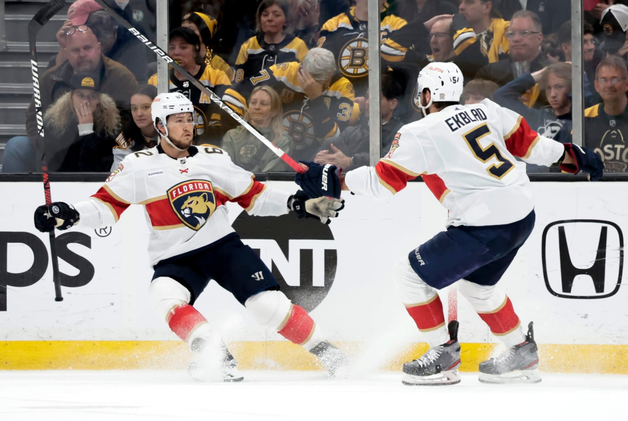 BOSTON, MA - APRIL 30: Florida Panthers defenseman Brandon Montour (62) reacts to his goal with Florida Panthers defenseman Aaron Ekblad (5) during Game 7 of an Eastern Conference First Round playoff contest between the Boston Bruins and the Florida Panthers on April 30, 2023, at TD Garden in Boston, Massachusetts.(Photo by Fred Kfoury III/Icon Sportswire via Getty Images) BOSTON, MA - APRIL 30: Florida Panthers defenseman Brandon Montour (62) reacts to his goal with Florida Panthers defenseman Aaron Ekblad (5) during Game 7 of an Eastern Conference First Round playoff contest between the Boston Bruins and the Florida Panthers on April 30, 2023, at TD Garden in Boston, Massachusetts.(Photo by Fred Kfoury III/Icon Sportswire via Getty Images)