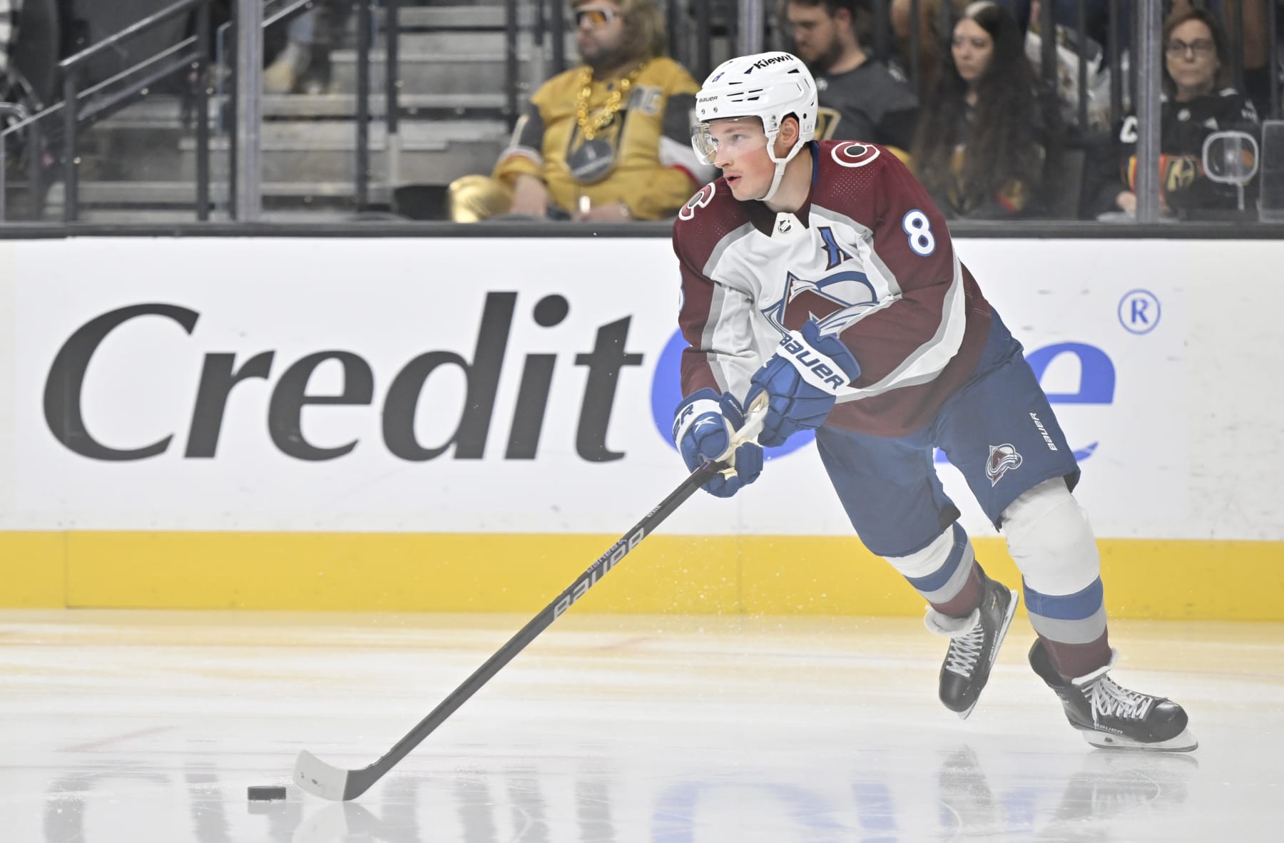 LAS VEGAS, NEVADA - OCTOBER 05: Cale Makar #8 of the Colorado Avalanche skates during the third period against the Vegas Golden Knights at T-Mobile Arena on October 05, 2023 in Las Vegas, Nevada. (Photo by David Becker/NHLI via Getty Images)