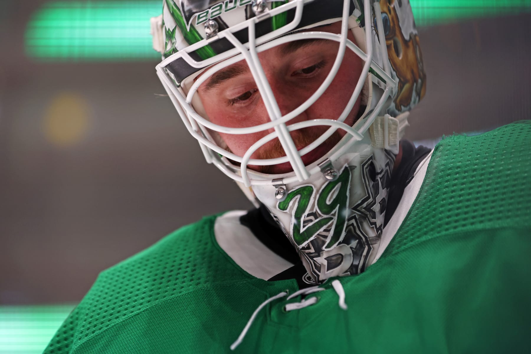 DALLAS, TEXAS - MAY 29: Jake Oettinger #29 of the Dallas Stars during the second period in Game Six of the Western Conference Final of the 2023 Stanley Cup Playoffs at American Airlines Center on May 29, 2023 in Dallas, Texas. (Photo by Steph Chambers/Getty Images)