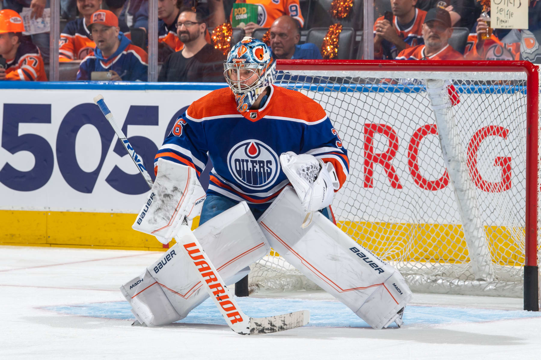 EDMONTON, CANADA - MAY 14 Jack Campbell #36 of the Edmonton Oilers warms up before Game Six of the Second Round of the 2023 Stanley Cup Playoffs against the Vegas Golden Knights at Rogers Place on May 14, 2023, in Edmonton, Alberta, Canada. (Photo by Andy Devlin/NHLI via Getty Images)