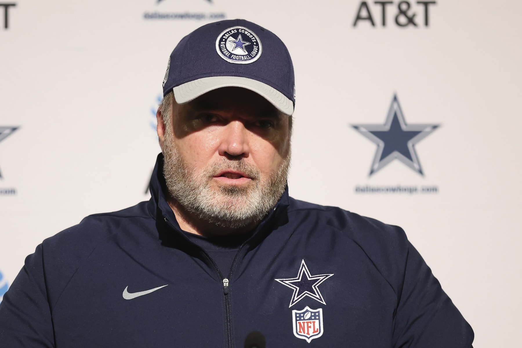 Dallas Cowboys head coach Mike McCarthy speaks to reporters after an NFL football game against the San Francisco 49ers in Santa Clara, Calif., Sunday, Oct. 8, 2023. (AP Photo/Jed Jacobsohn)