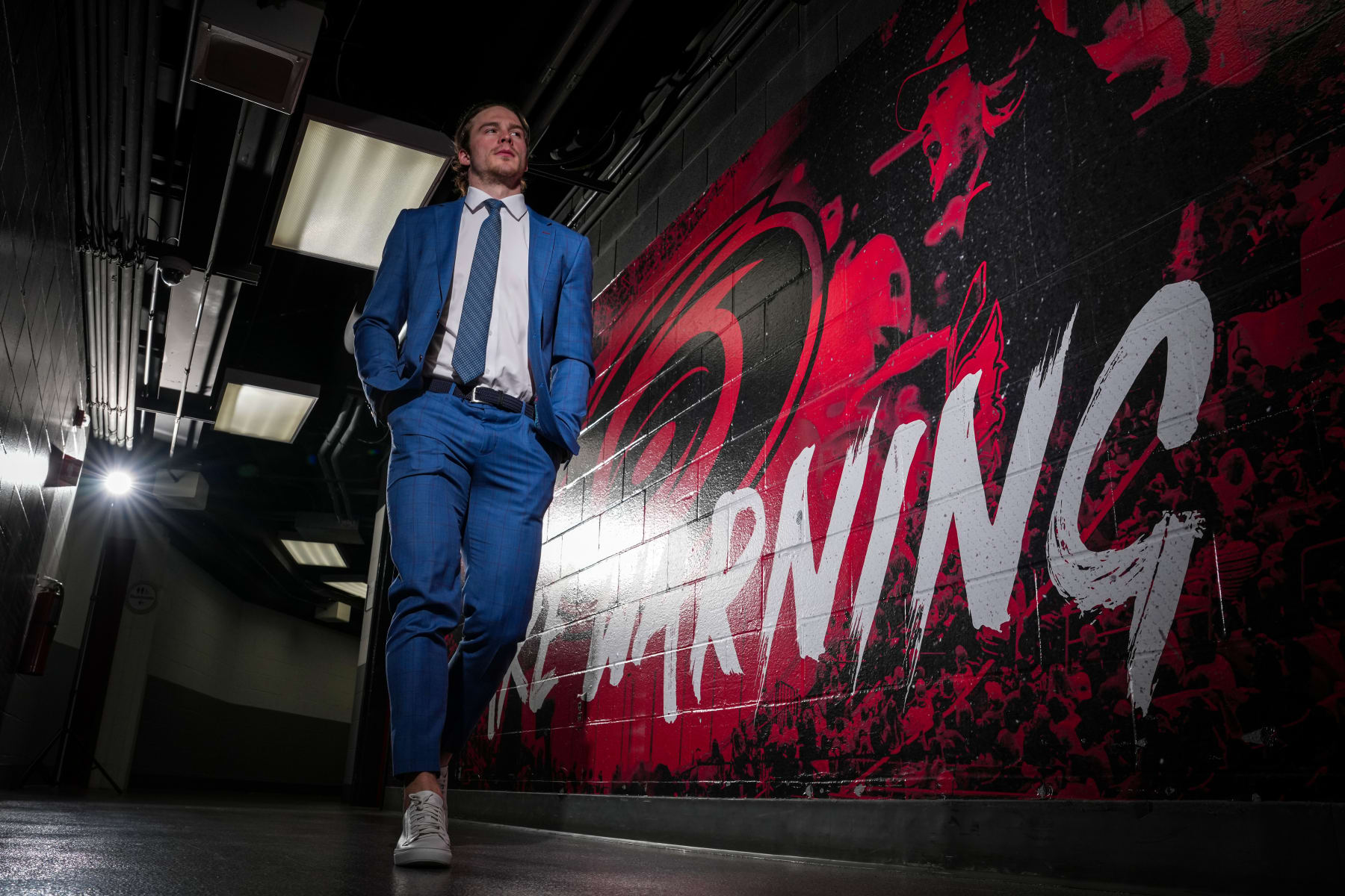 RALEIGH, NORTH CAROLINA - MARCH 11: Andrei Svechnikov #37 of the Carolina Hurricanes arrives prior to a game against the Vegas Golden Knights at PNC Arena on March 11, 2023 in Raleigh, North Carolina. (Photo by Josh Lavallee/NHLI via Getty Images)