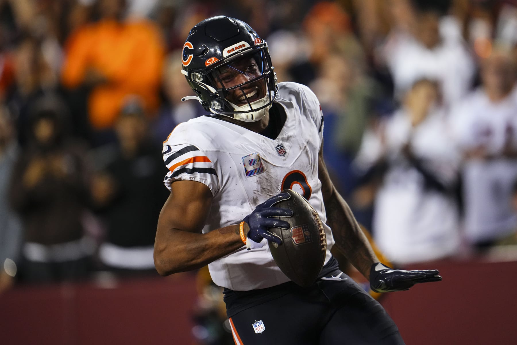 LANDOVER, MD - OCTOBER 05: DJ Moore #2 of the Chicago Bears runs the ball for a touchdown during an NFL game against the Washington Commanders at FedEx Field on October 5, 2023 in Landover, Maryland. (Photo by Cooper Neill/Getty Images)