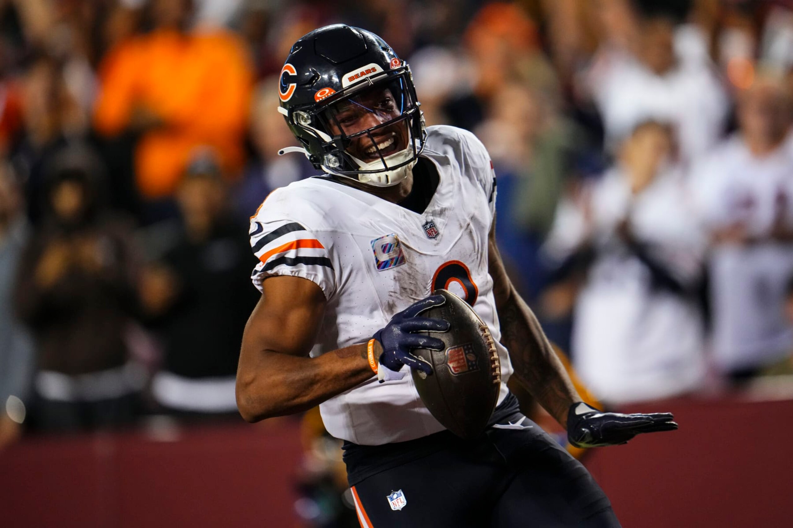 LANDOVER, MD - OCTOBER 05: DJ Moore #2 of the Chicago Bears runs the ball for a touchdown during an NFL game against the Washington Commanders at FedEx Field on October 5, 2023 in Landover, Maryland. (Photo by Cooper Neill/Getty Images)