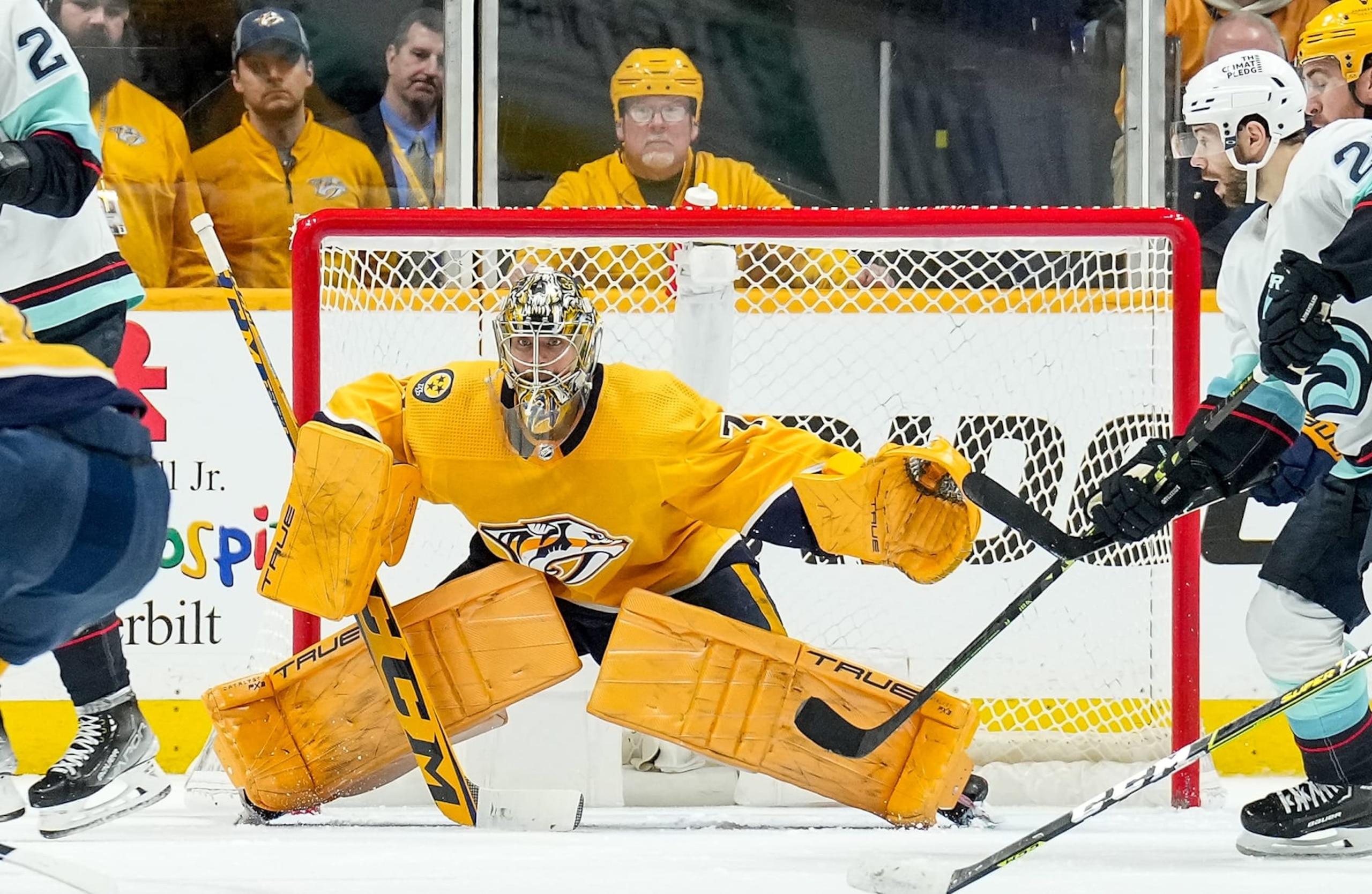 NASHVILLE, TENNESSEE - MARCH 25: Juuse Saros #74 of the Nashville Predators tends net against the Seattle Kraken during an NHL game at Bridgestone Arena on March 25, 2023 in Nashville, Tennessee. (Photo by John Russell/NHLI via Getty Images) NASHVILLE, TENNESSEE - MARCH 25: Juuse Saros #74 of the Nashville Predators tends net against the Seattle Kraken during an NHL game at Bridgestone Arena on March 25, 2023 in Nashville, Tennessee. (Photo by John Russell/NHLI via Getty Images)