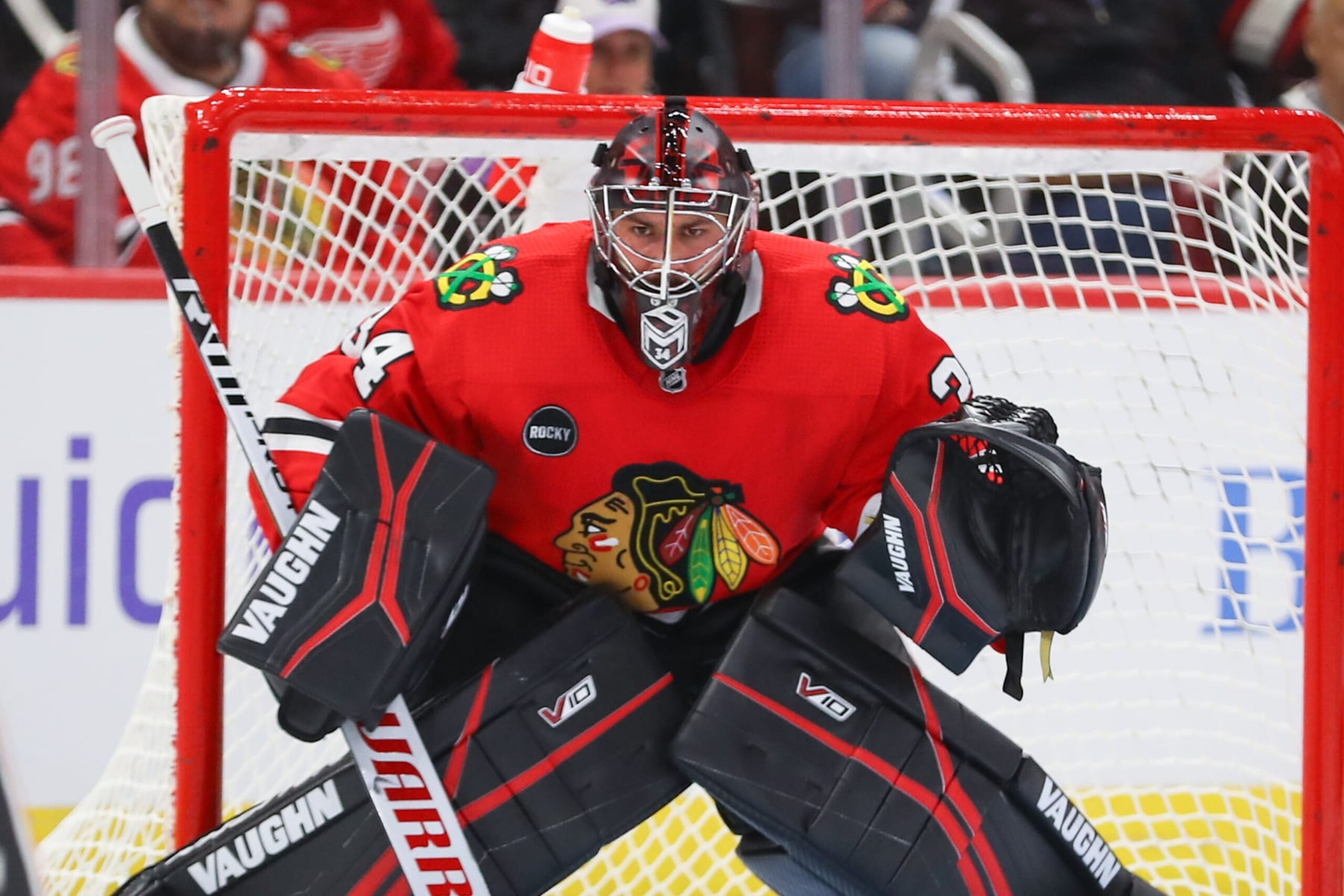 CHICAGO, IL - OCTOBER 03: Chicago Blackhawks goaltender Petr Mrazek (34) tends net during a game between the Detroit Red Wings and the Chicago Blackhawks on October 3, 2023 at the United Center in Chicago, IL. (Photo by Melissa Tamez/Icon Sportswire via Getty Images) CHICAGO, IL - OCTOBER 03: Chicago Blackhawks goaltender Petr Mrazek (34) tends net during a game between the Detroit Red Wings and the Chicago Blackhawks on October 3, 2023 at the United Center in Chicago, IL. (Photo by Melissa Tamez/Icon Sportswire via Getty Images)