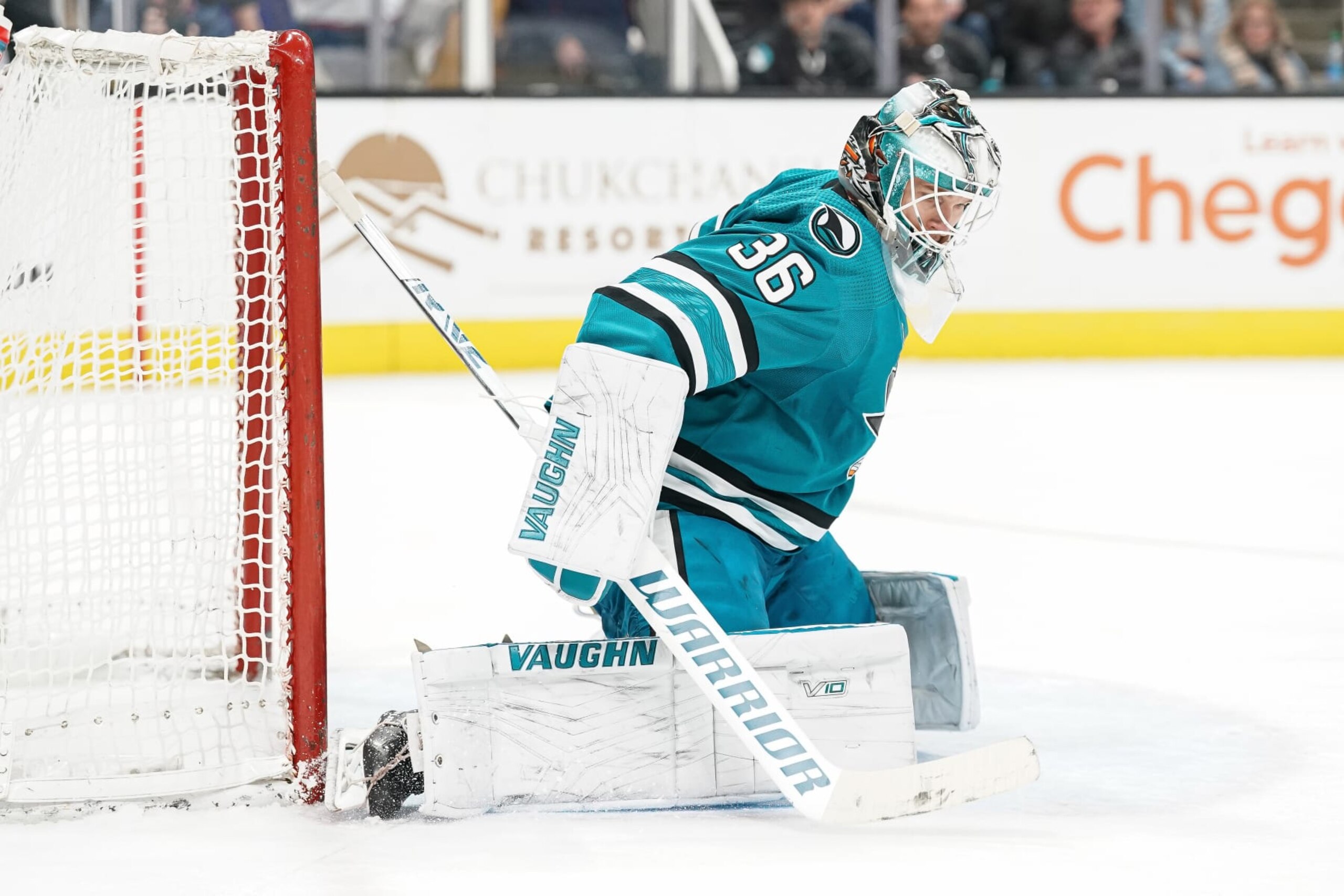 SAN JOSE, CA - MARCH 14: Kaapo Kahkonen #36 of the San Jose Sharks makes a save against the Columbus Blue Jackets at SAP Center on March 14, 2023 in San Jose, California. (Photo by Kavin Mistry/NHLI via Getty Images) SAN JOSE, CA - MARCH 14: Kaapo Kahkonen #36 of the San Jose Sharks makes a save against the Columbus Blue Jackets at SAP Center on March 14, 2023 in San Jose, California. (Photo by Kavin Mistry/NHLI via Getty Images)