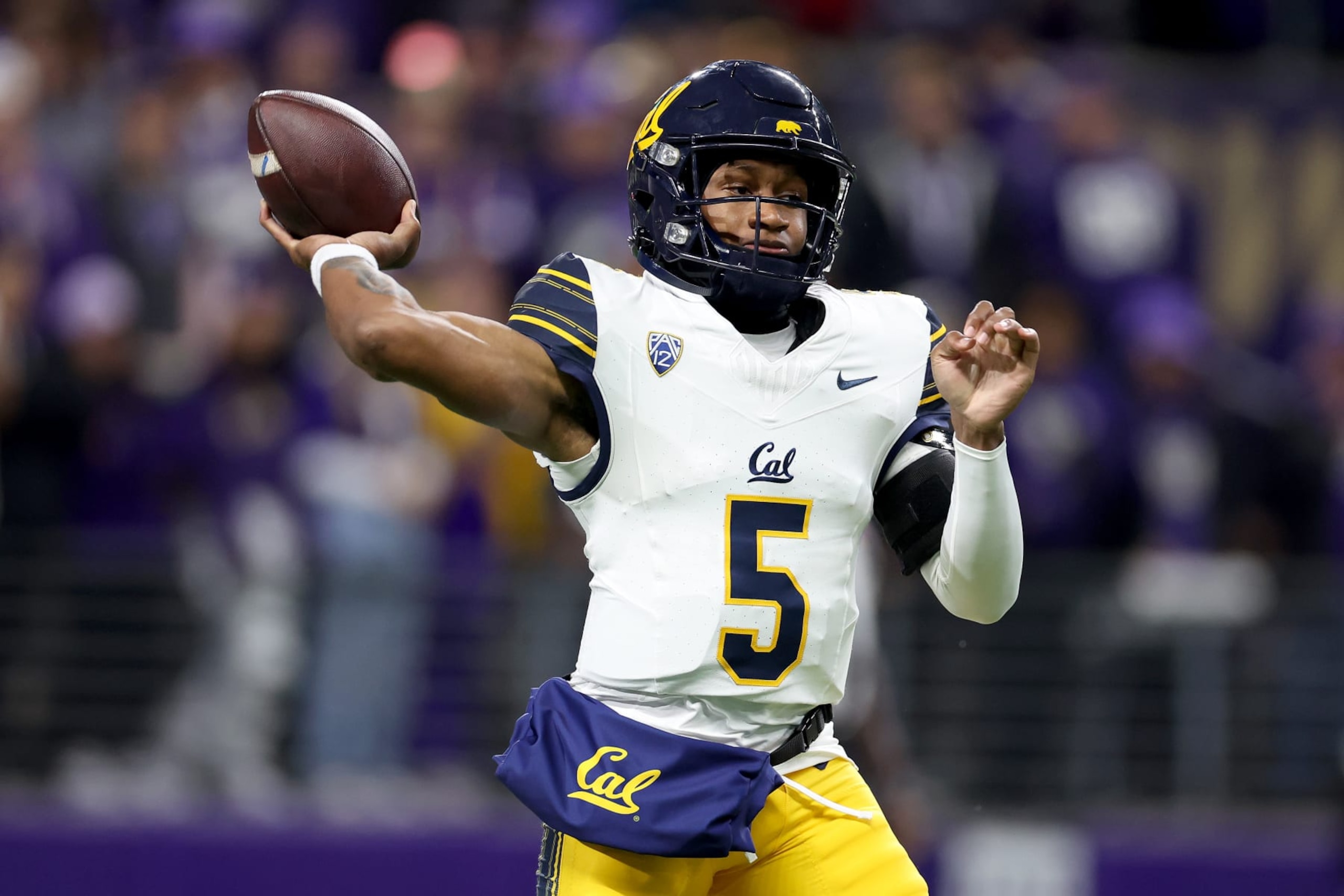 SEATTLE, WASHINGTON - SEPTEMBER 23: Sam Jackson V #5 of the California Golden Bears looks to pass against the Washington Huskies during the fourth quarter at Husky Stadium on September 23, 2023 in Seattle, Washington. (Photo by Steph Chambers/Getty Images)