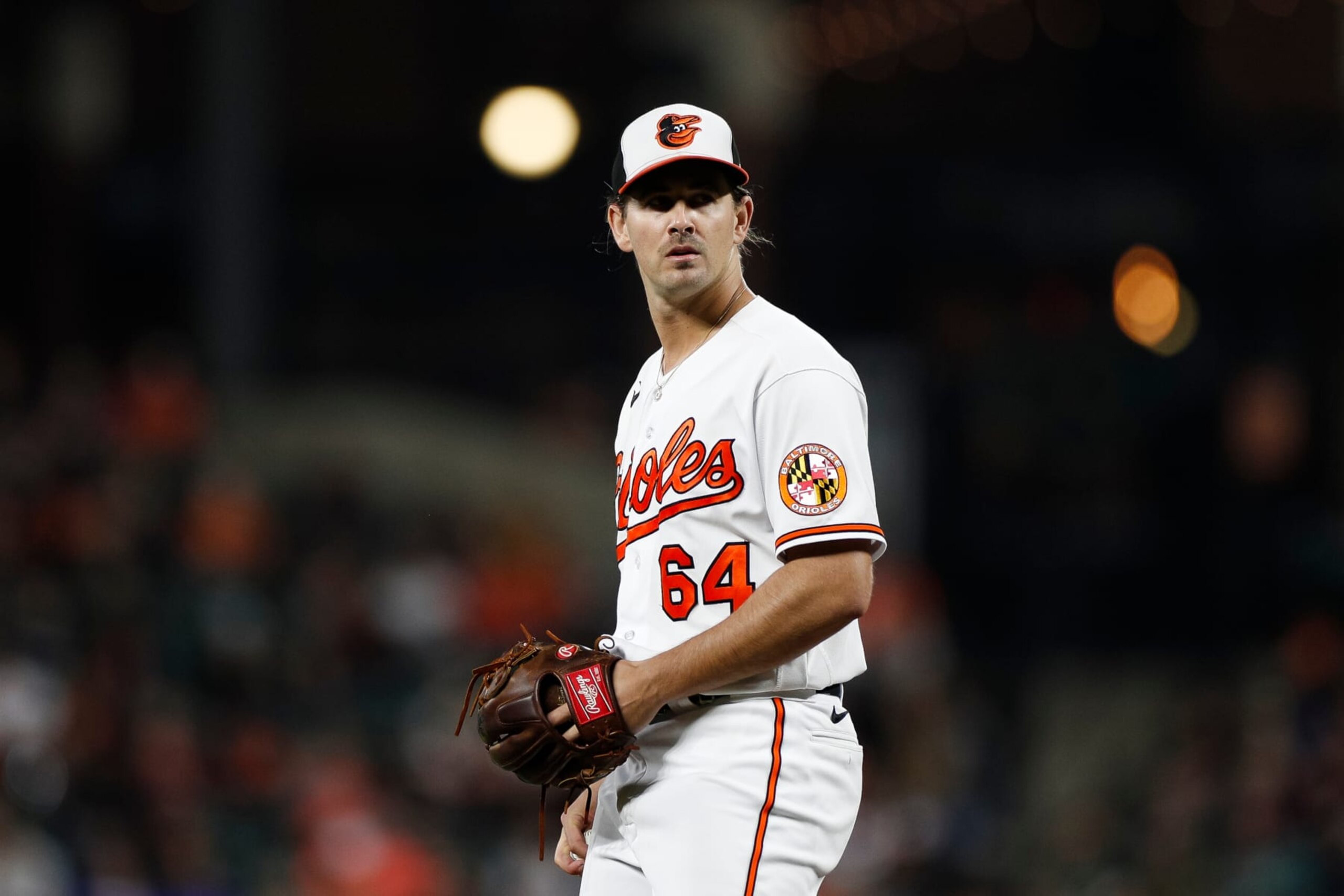 BALTIMORE, MARYLAND - SEPTEMBER 28: Dean Kremer #64 of the Baltimore Orioles reacts in the fifth inning against the Boston Red Sox at Oriole Park at Camden Yards on September 28, 2023 in Baltimore, Maryland. (Photo by Brandon Sloter/Image Of Sport/Getty Images)
