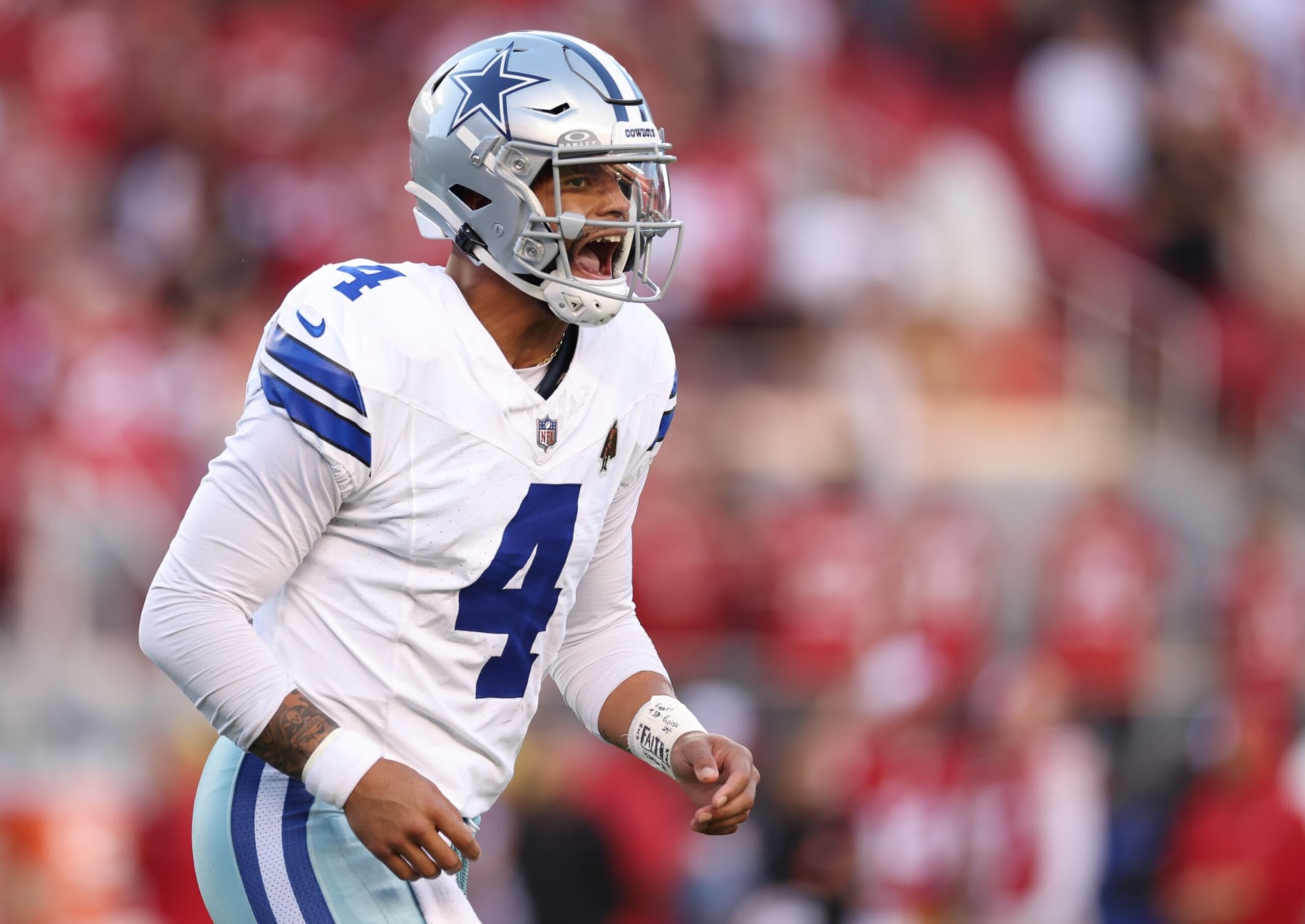 SANTA CLARA, CALIFORNIA - OCTOBER 08: Dak Prescott #4 of the Dallas Cowboys reacts after a sack during the first quarter against the San Francisco 49ers at Levi's Stadium on October 08, 2023 in Santa Clara, California. (Photo by Ezra Shaw/Getty Images)