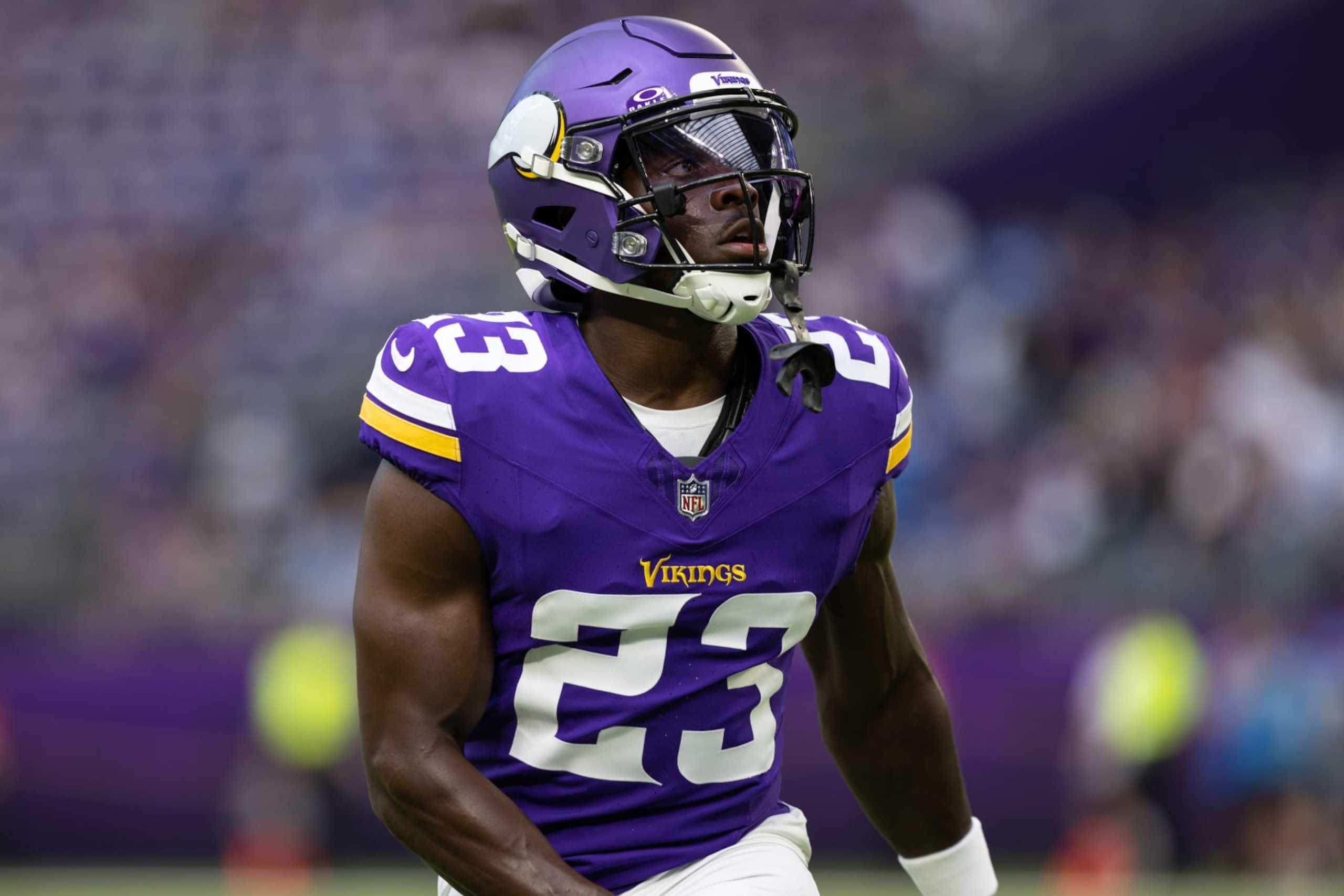 MINNEAPOLIS, MN - SEPTEMBER 24: Minnesota Vikings cornerback Andrew Booth Jr. (23) warms up before the NFL game between the Los Angles Chargers and the Minnesota Vikings on September 24th, 2023, at U.S. Bank Stadium in Minneapolis, MN. (Photo by Bailey Hillesheim/Icon Sportswire via Getty Images)