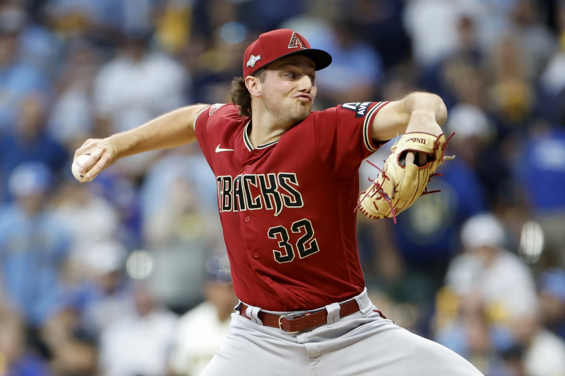 MILWAUKEE, WISCONSIN - OCTOBER 03: Brandon Pfaadt #32 of the Arizona Diamondbacks pitches in the first inning against the Milwaukee Brewers during Game One of the Wild Card Series at American Family Field on October 03, 2023 in Milwaukee, Wisconsin. (Photo by John Fisher/Getty Images)