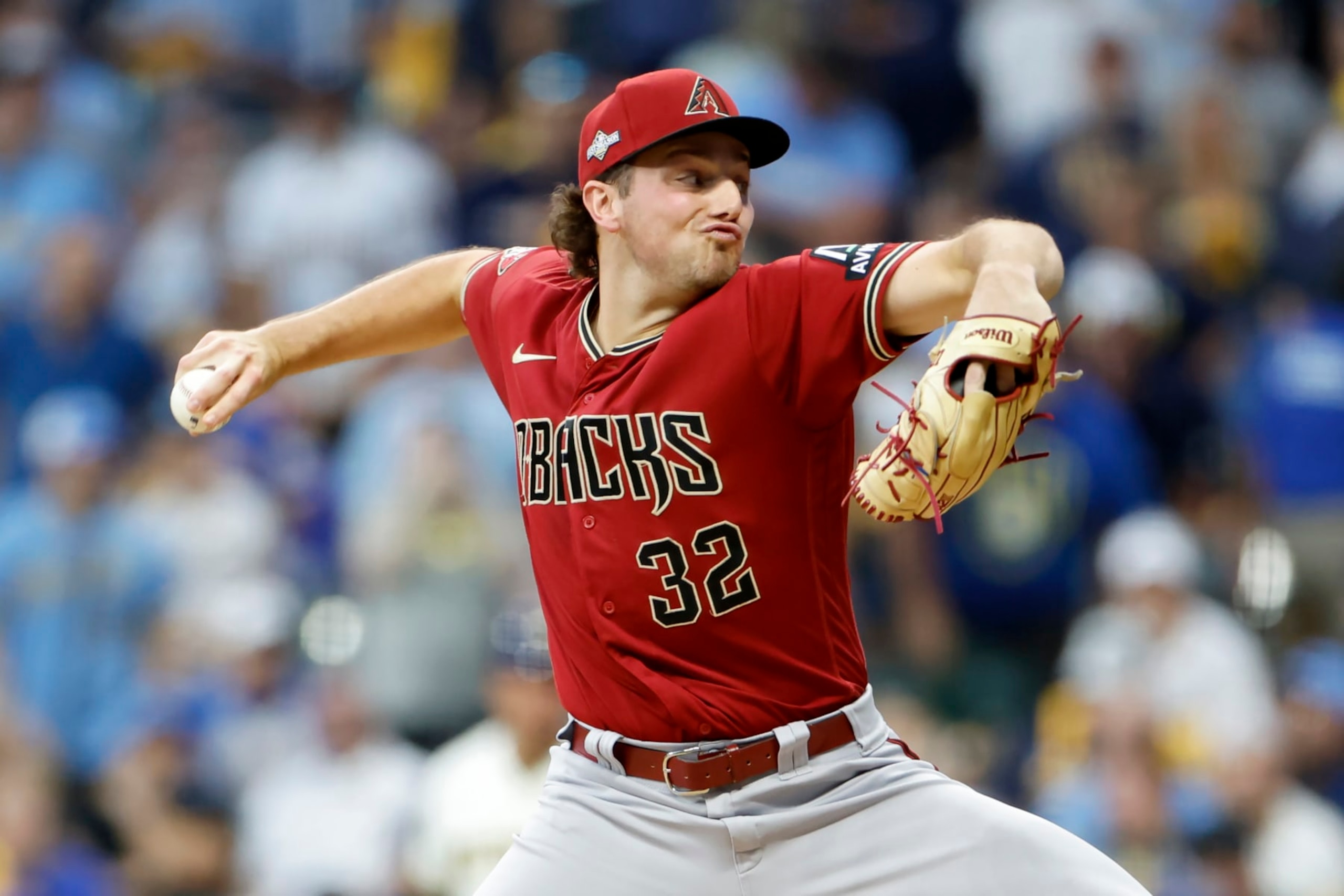 MILWAUKEE, WISCONSIN - OCTOBER 03: Brandon Pfaadt #32 of the Arizona Diamondbacks pitches in the first inning against the Milwaukee Brewers during Game One of the Wild Card Series at American Family Field on October 03, 2023 in Milwaukee, Wisconsin. (Photo by John Fisher/Getty Images)