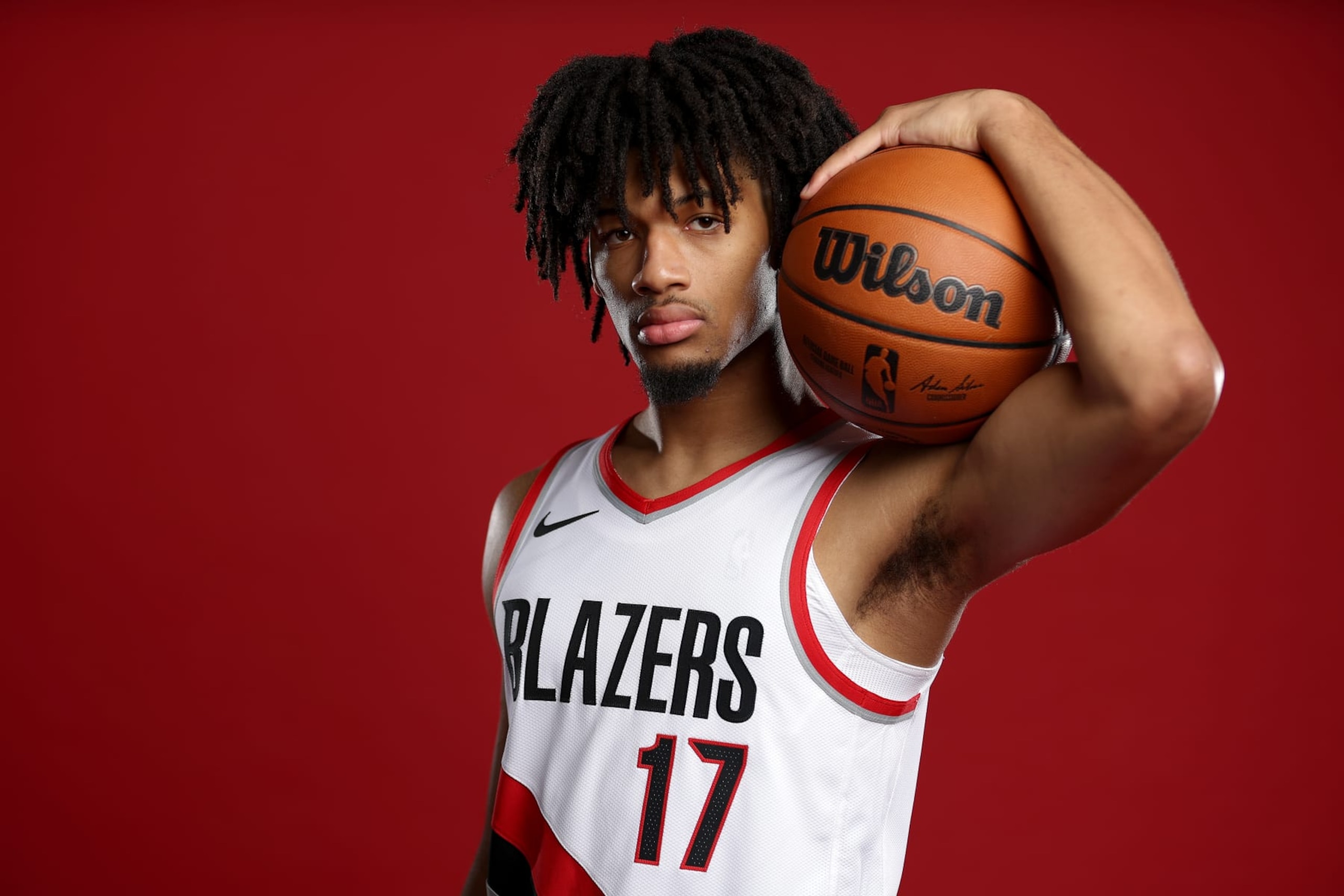 PORTLAND, OREGON - OCTOBER 02: Shaedon Sharpe #17 of the Portland Trail Blazers poses for a portrait during Blazers Media Day at Veterans Memorial Coliseum on October 02, 2023 in Portland, Oregon. NOTE TO USER: User expressly acknowledges and agrees that, by downloading and/or using this photograph, user is consenting to the terms and conditions of the Getty Images License Agreement. (Photo by Steph Chambers/Getty Images)