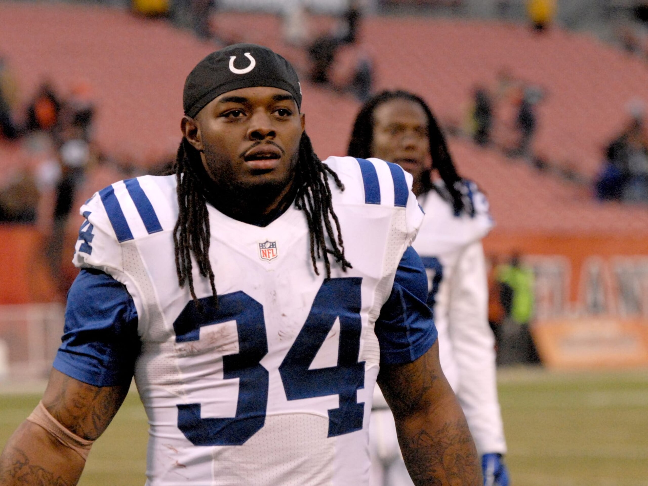 CLEVELAND, OH - DECEMBER 7, 2014: Running back Trent Richardson #34 of the Indianapolis Colts walks off the field after a game against the Cleveland Browns on December 7, 2014 at FirstEnergy Stadium in Cleveland, Ohio. Indianapolis won 25-24. (Photo by Nick Cammett/Diamond Images/Getty Images)  