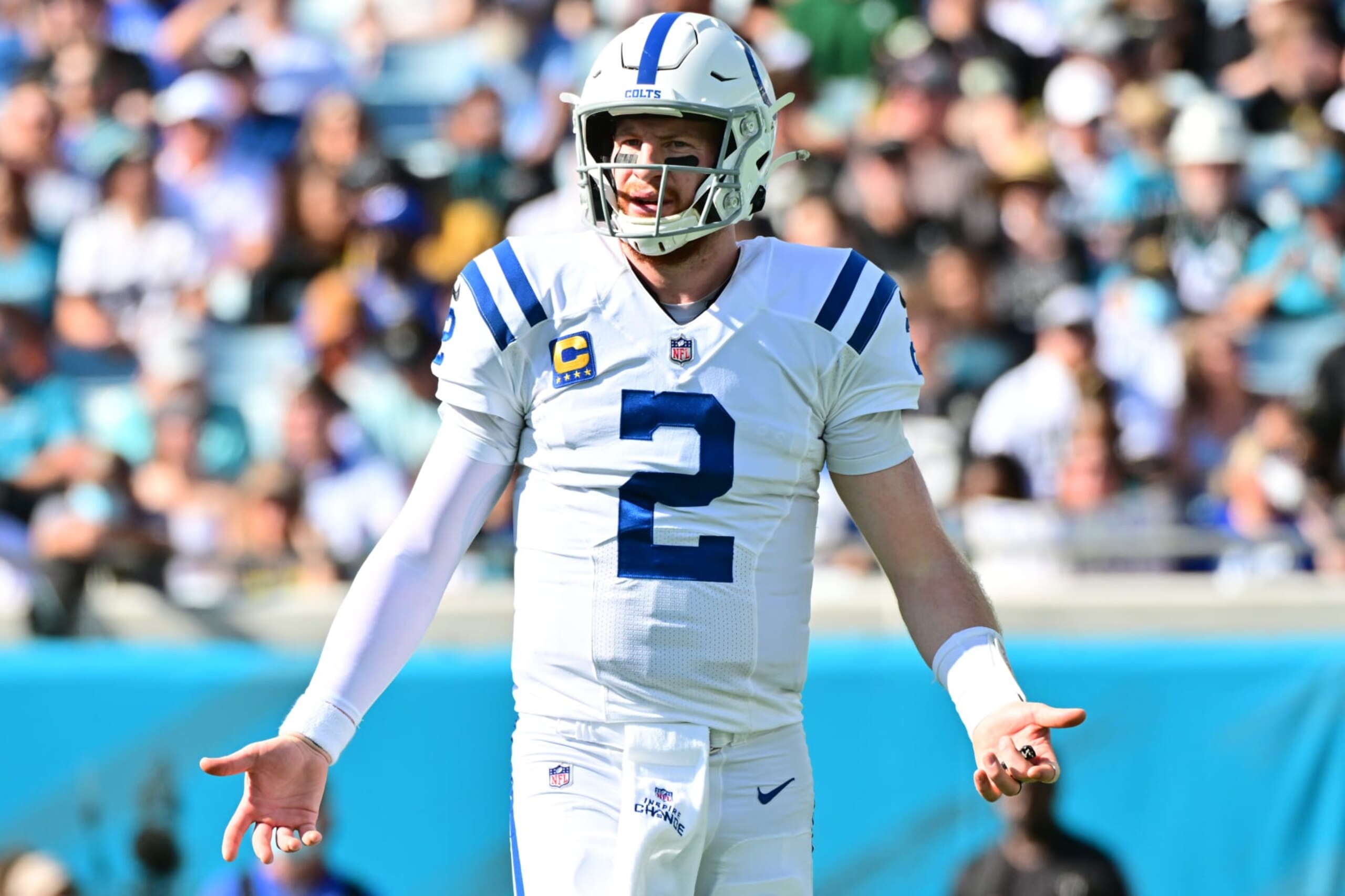 JACKSONVILLE, FLORIDA - JANUARY 09: Carson Wentz #2 of the Indianapolis Colts looks to the sidelines during the second quarter in the game against the Jacksonville Jaguars at TIAA Bank Field on January 09, 2022 in Jacksonville, Florida. (Photo by Julio Aguilar/Getty Images)