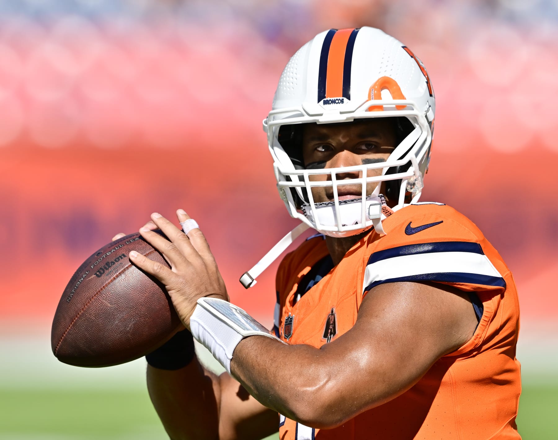 DENVER, CO - OCTOBER 08: Denver Broncos quarterback Russell Wilson (3) during warmups before playing the New York Jets at Empower Field at Mile High October 08, 2023. (Photo by Andy Cross/MediaNews Group/The Denver Post via Getty Images)