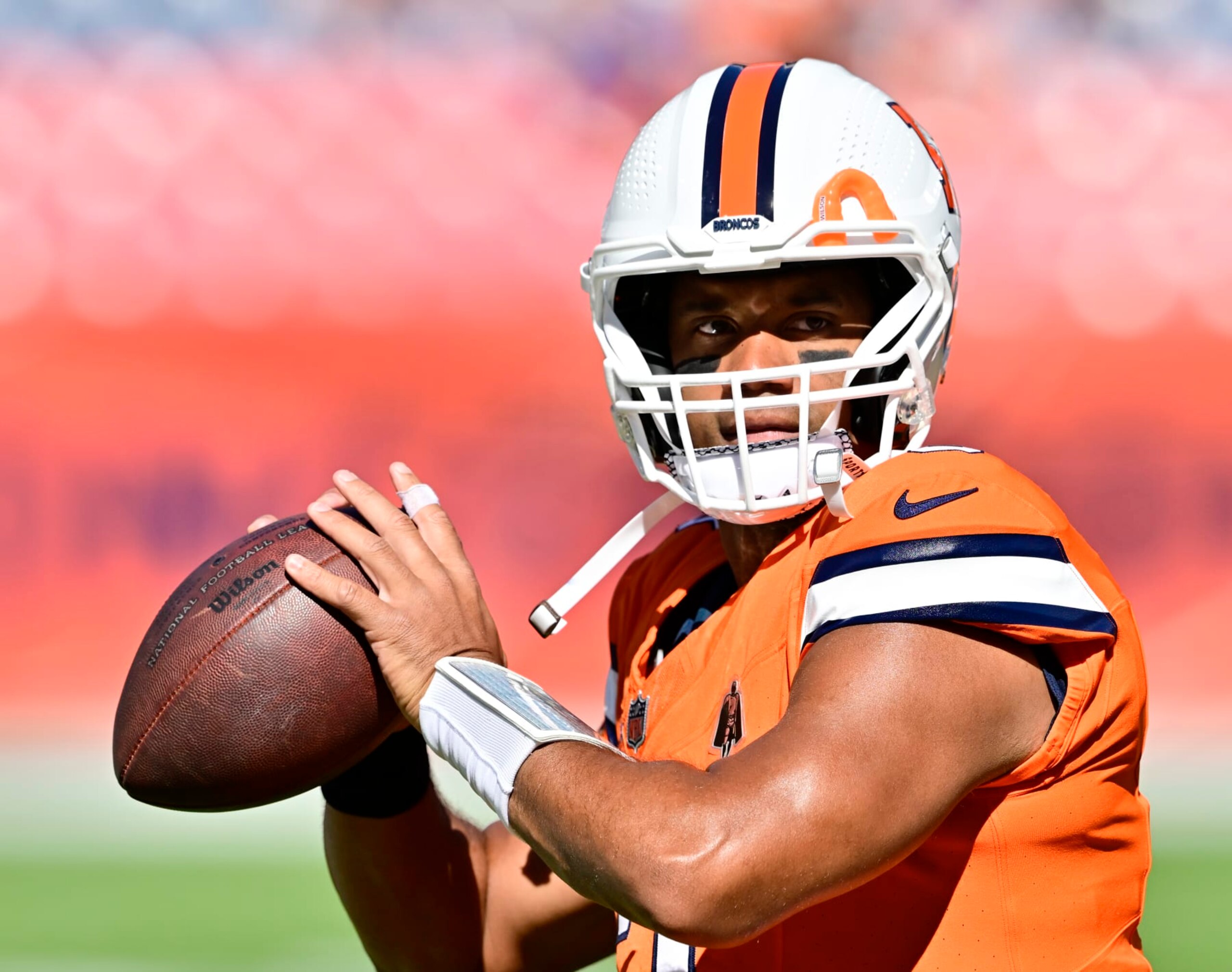 DENVER, CO - OCTOBER 08: Denver Broncos quarterback Russell Wilson (3) during warmups before playing the New York Jets at Empower Field at Mile High October 08, 2023. (Photo by Andy Cross/MediaNews Group/The Denver Post via Getty Images)