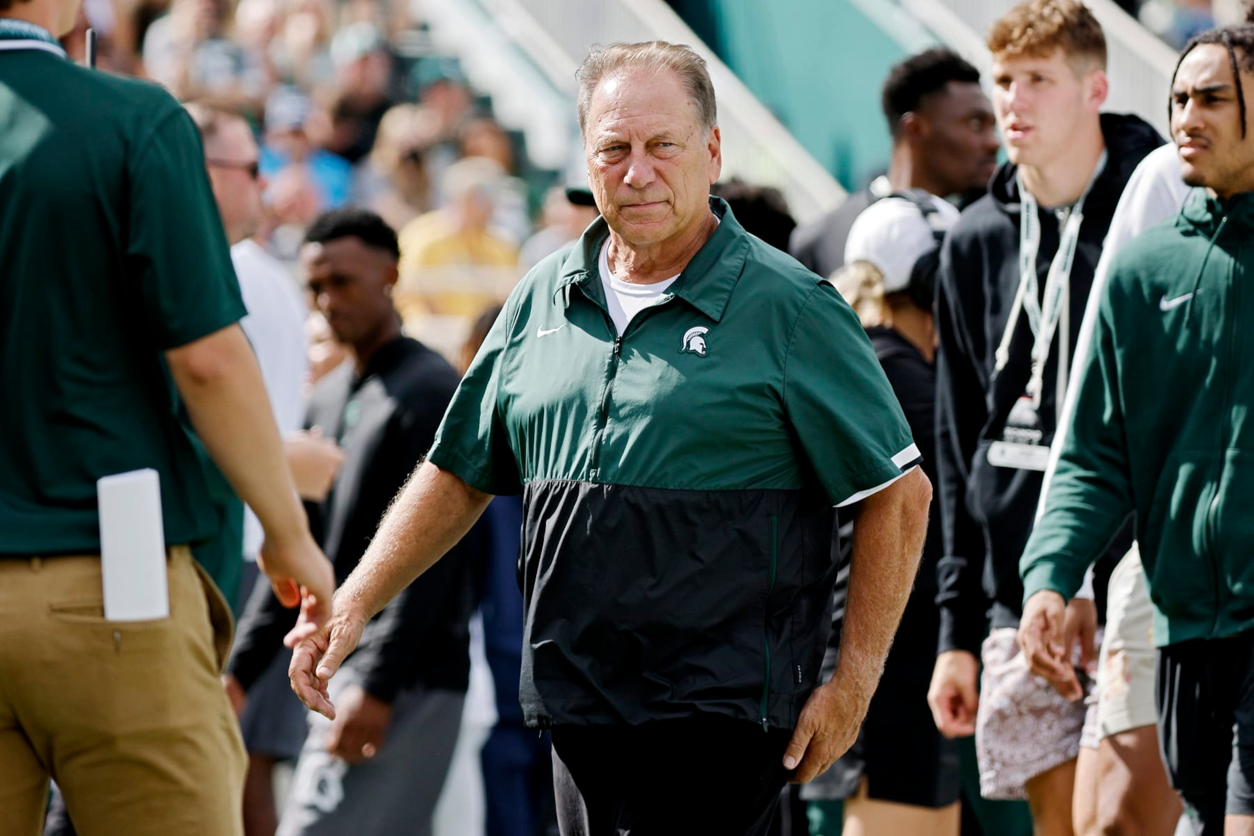 EAST LANSING, MICHIGAN - SEPTEMBER 09: Head basketball coach Tom Izzo of the Michigan State Spartans looks on during a a football game between the Spartans and the Richmond Spiders at Spartan Stadium on September 09, 2023 in East Lansing, Michigan. (Photo by Mike Mulholland/Getty Images)