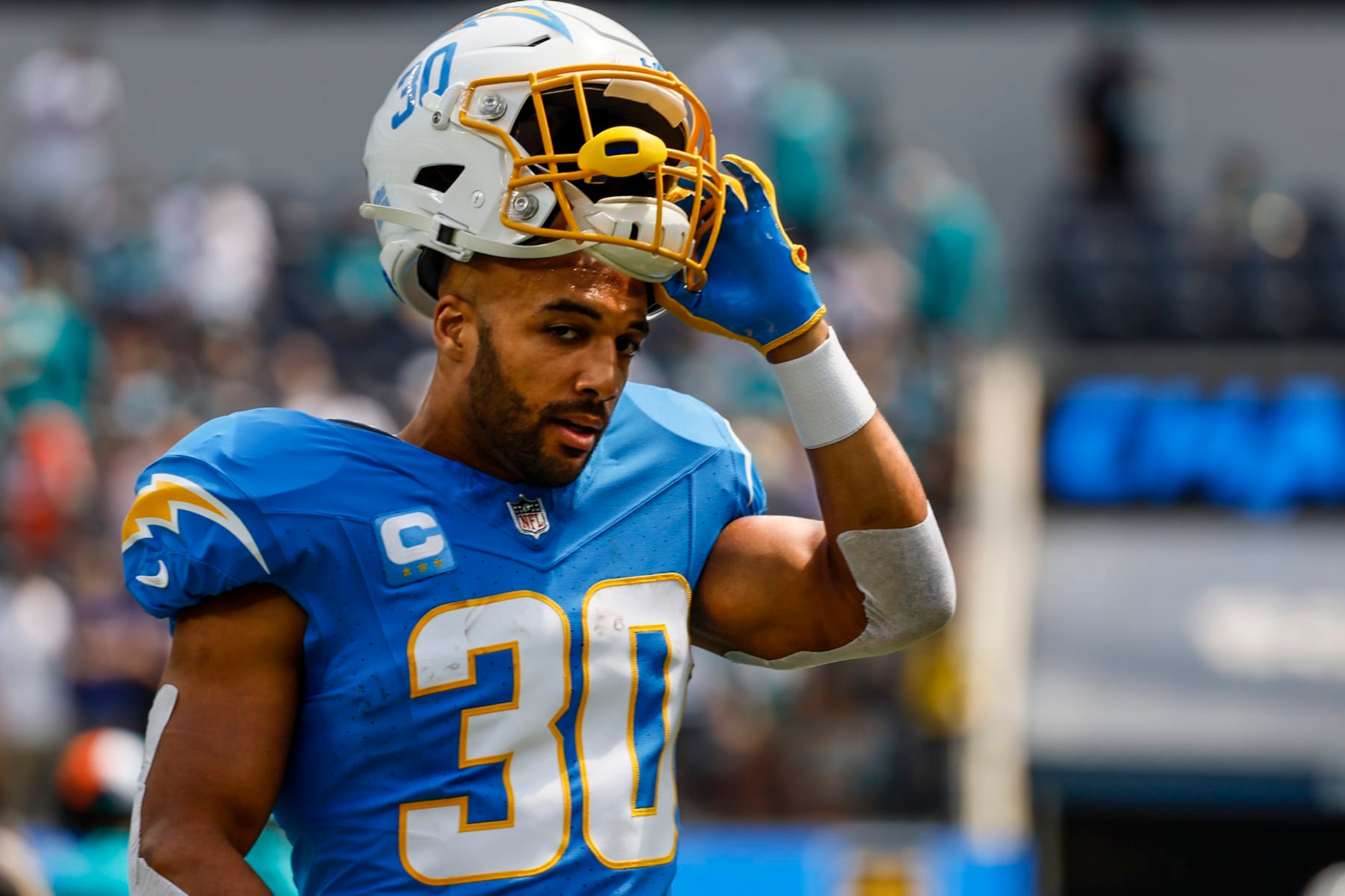 Inglewood, CA, Sunday, Sept. 10, 2023 - Los Angeles Chargers running back Austin Ekeler (30) on the sideline before a game against the Miami Dolphins at SoFi Stadium.  (Robert Gauthier/Los Angeles Times via Getty Images)