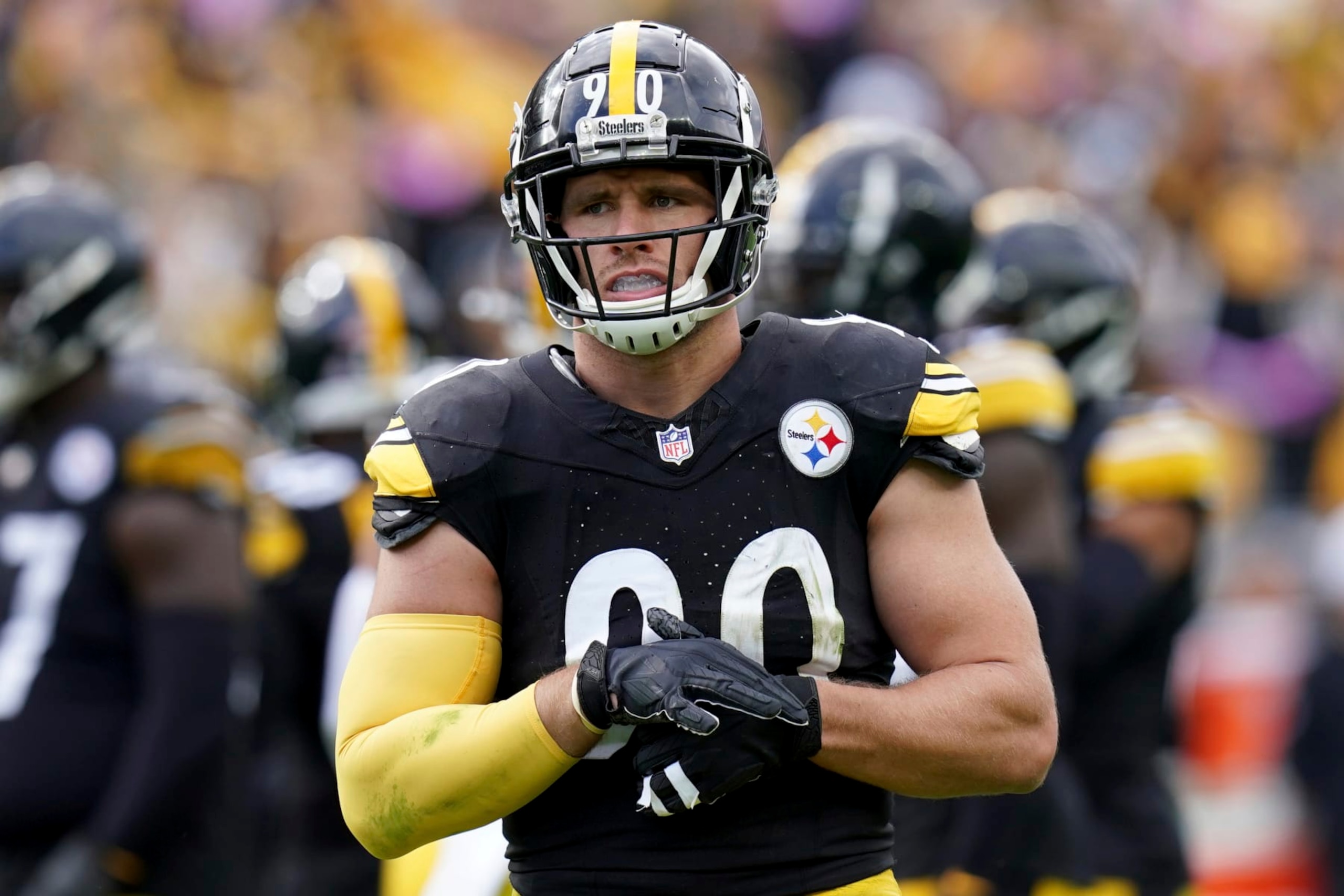 Pittsburgh Steelers linebacker T.J. Watt plays against the Baltimore Ravens during the second half of an NFL football game, in Pittsburgh, Sunday, Oct. 8, 2023. (AP Photo/Matt Freed)