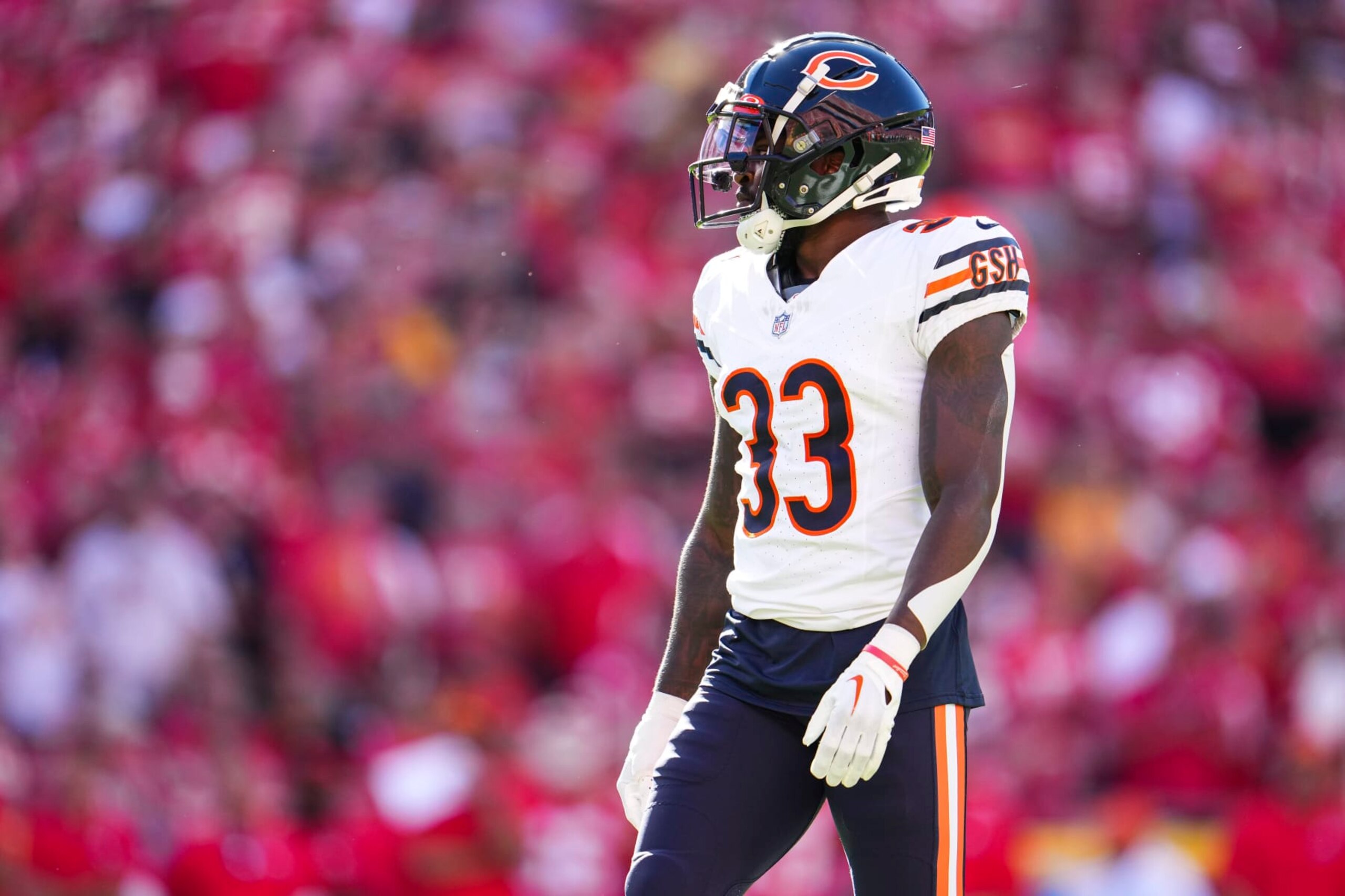 KANSAS CITY, MO - SEPTEMBER 24: Jaylon Johnson #33 of the Chicago Bears looks on from the field during at GEHA Field at Arrowhead Stadium on September 24, 2023 in Kansas City, Missouri. (Photo by Cooper Neill/Getty Images)