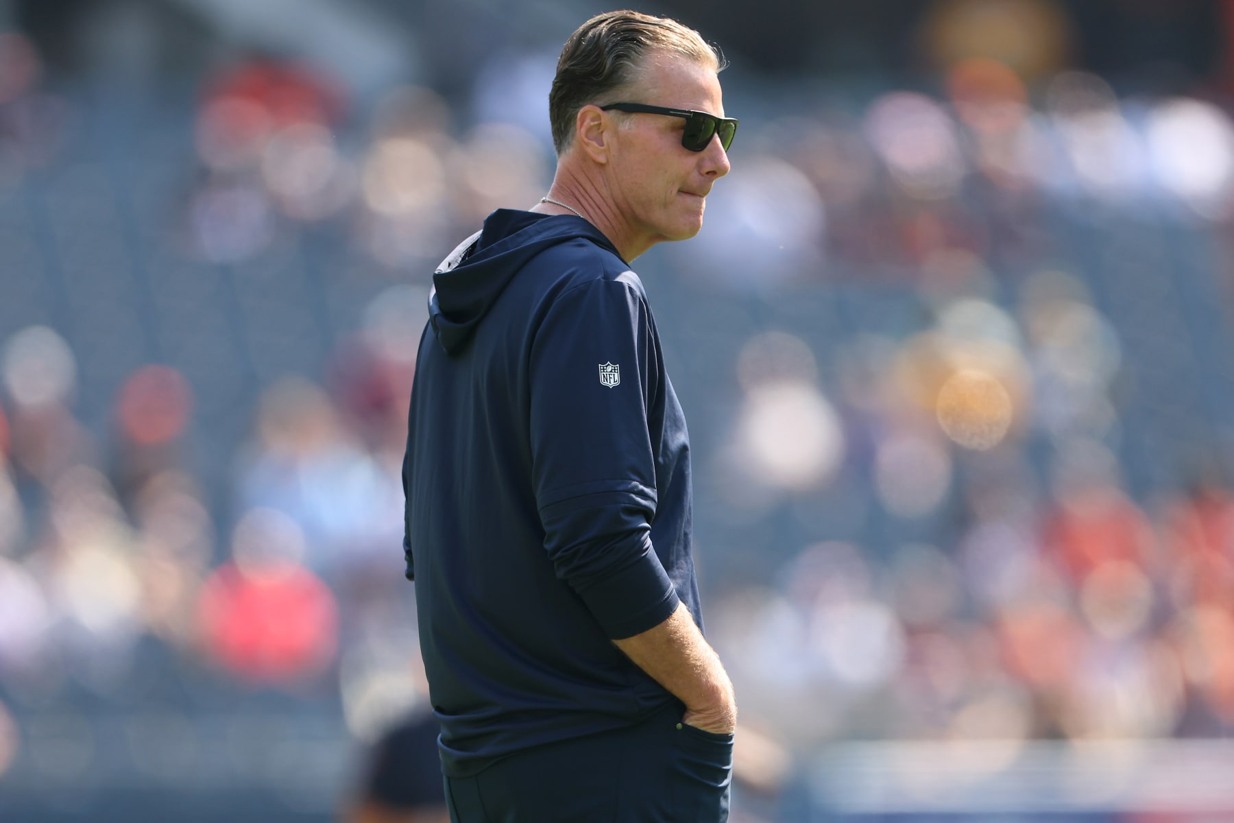 CHICAGO, ILLINOIS - SEPTEMBER 10:  Head coach Matt Eberflus of the Chicago Bears looks on during warmups prior to the game against the Green Bay Packers at Soldier Field on September 10, 2023 in Chicago, Illinois. (Photo by Michael Reaves/Getty Images)