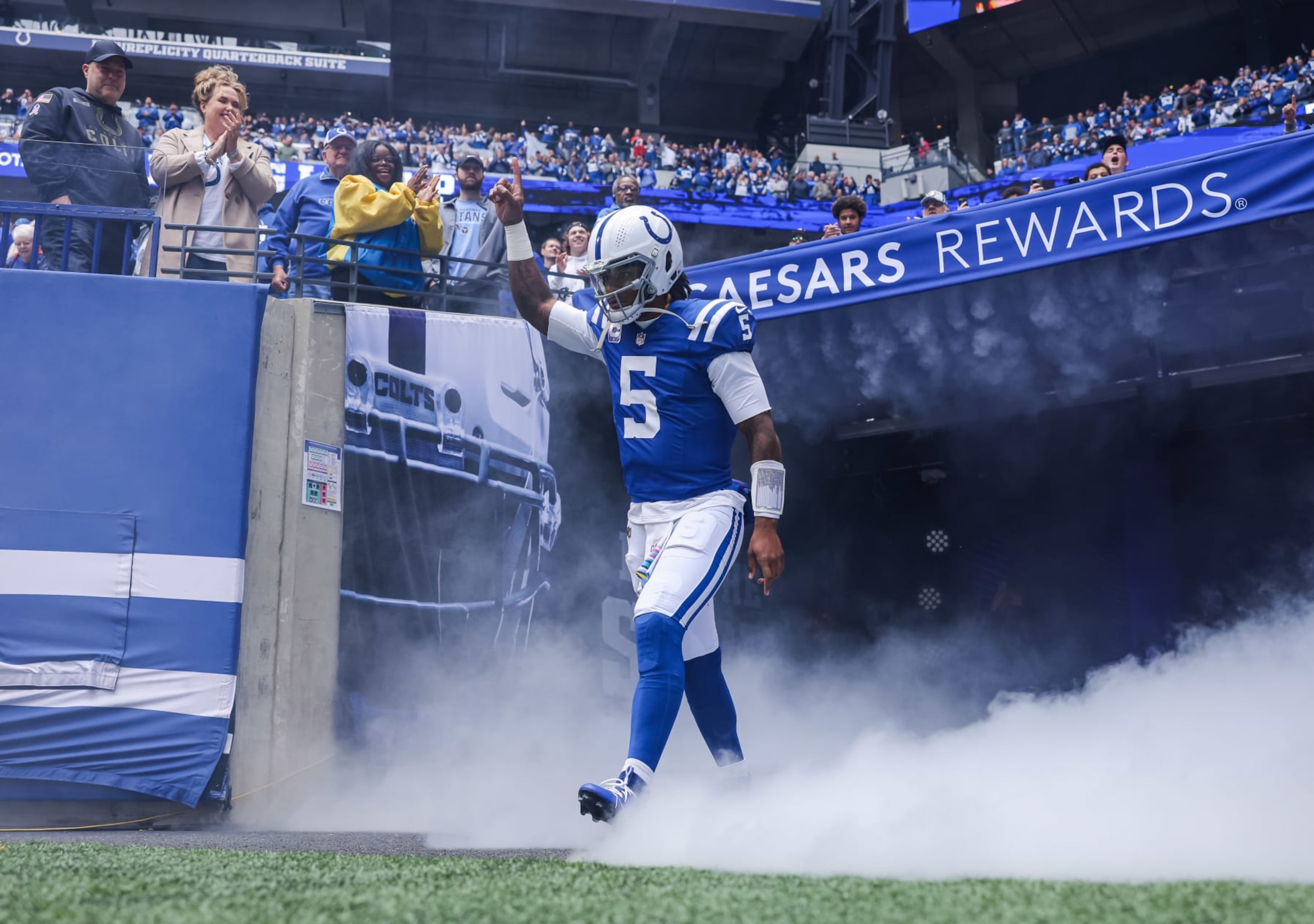 INDIANAPOLIS, INDIANA - OCTOBER 8: Anthony Richardson #5 of the Indianapolis Colts is seen during player introductions before the game against the Tennessee Titans at Lucas Oil Stadium on October 8, 2023 in Indianapolis, Indiana. (Photo by Michael Hickey/Getty Images)