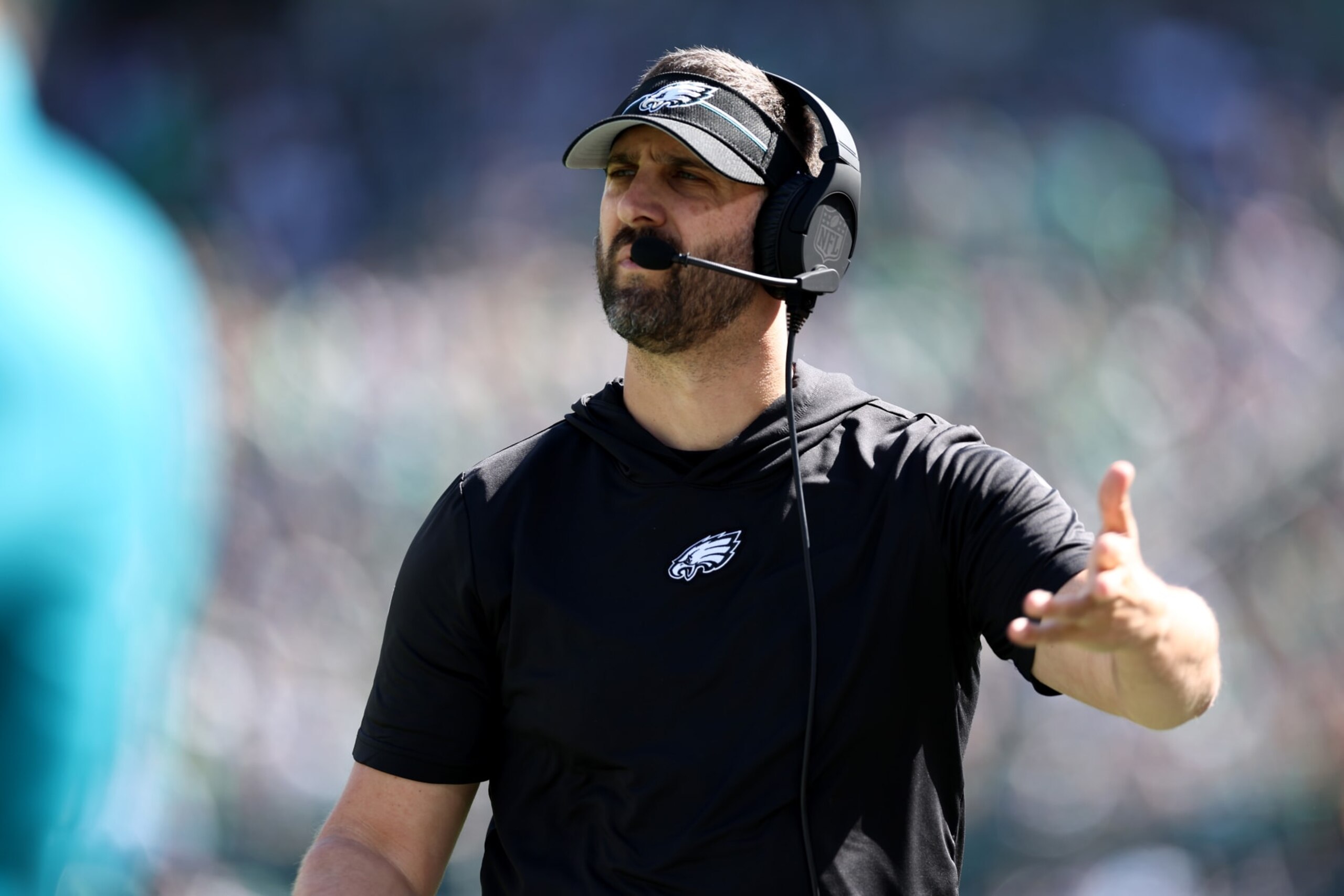 PHILADELPHIA, PENNSYLVANIA - OCTOBER 01: Head coach Nick Sirianni of the Philadelphia Eagles reacts during the second quarter against the Washington Commanders at Lincoln Financial Field on October 01, 2023 in Philadelphia, Pennsylvania. (Photo by Tim Nwachukwu/Getty Images)