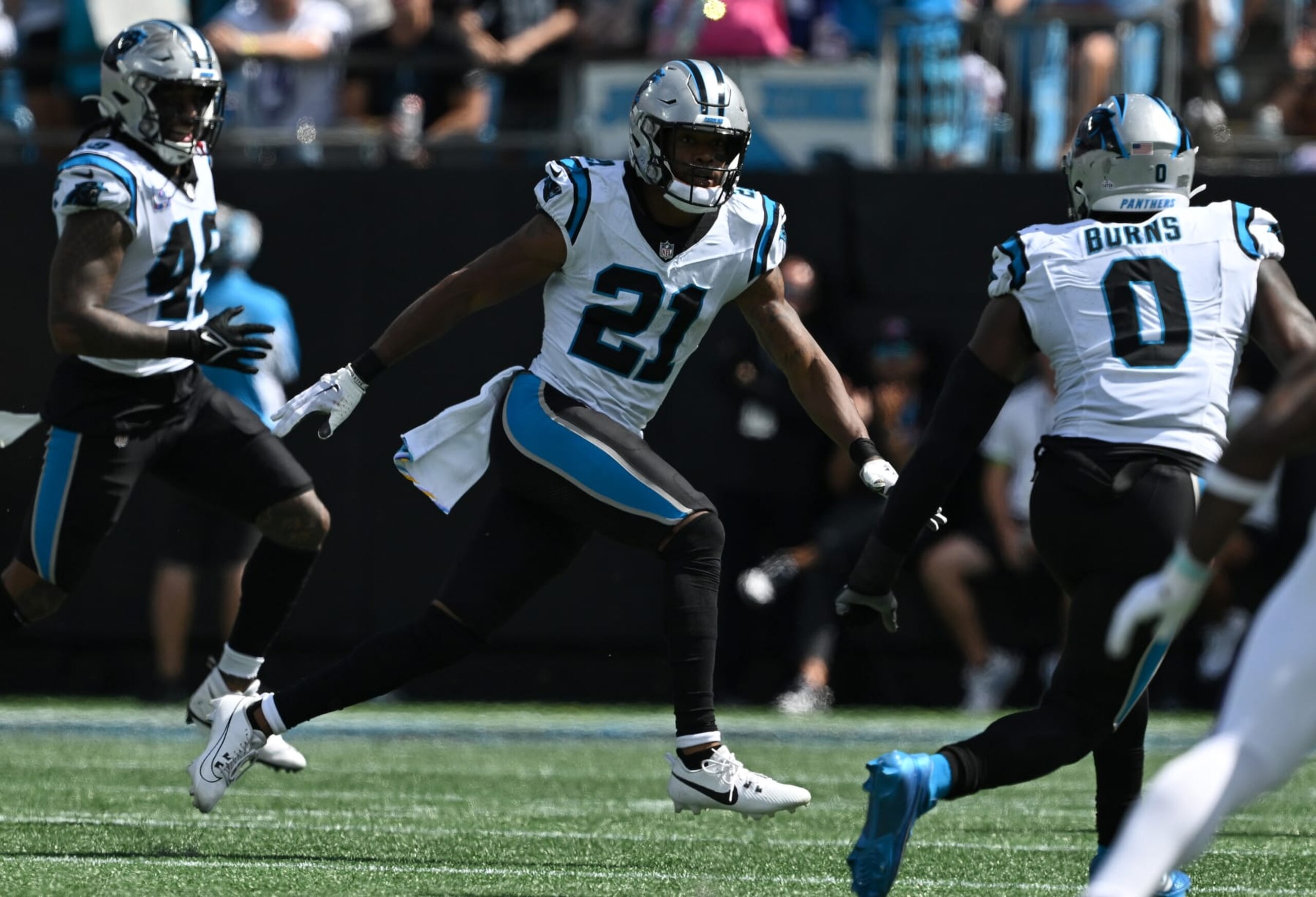 CHARLOTTE, NORTH CAROLINA - OCTOBER 01: Jeremy Chinn #21 of the Carolina Panthers reacts after a sack against the Minnesota Vikings during the second quarter at Bank of America Stadium on October 01, 2023 in Charlotte, North Carolina. (Photo by Grant Halverson/Getty Images)