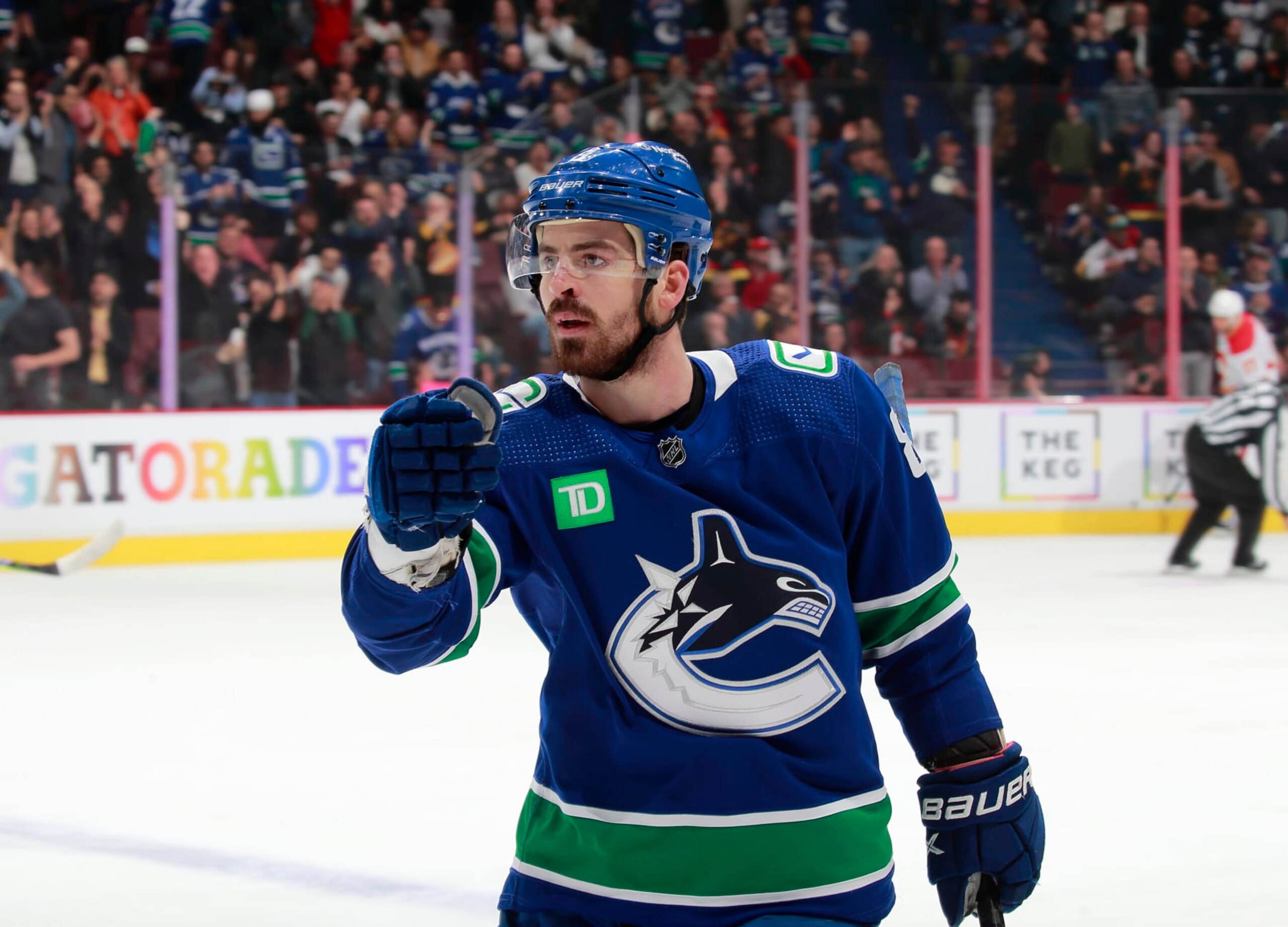 VANCOUVER, CANADA - MARCH 31: Conor Garland #8 of the Vancouver Canucks heads to the bench to celebrate his goal with teammates during the first period of their NHL game against the Calgary Flames at Rogers Arena March 31, 2023 in Vancouver, British Columbia, Canada. (Photo by Jeff Vinnick/NHLI via Getty Images) VANCOUVER, CANADA - MARCH 31: Conor Garland #8 of the Vancouver Canucks heads to the bench to celebrate his goal with teammates during the first period of their NHL game against the Calgary Flames at Rogers Arena March 31, 2023 in Vancouver, British Columbia, Canada. (Photo by Jeff Vinnick/NHLI via Getty Images)